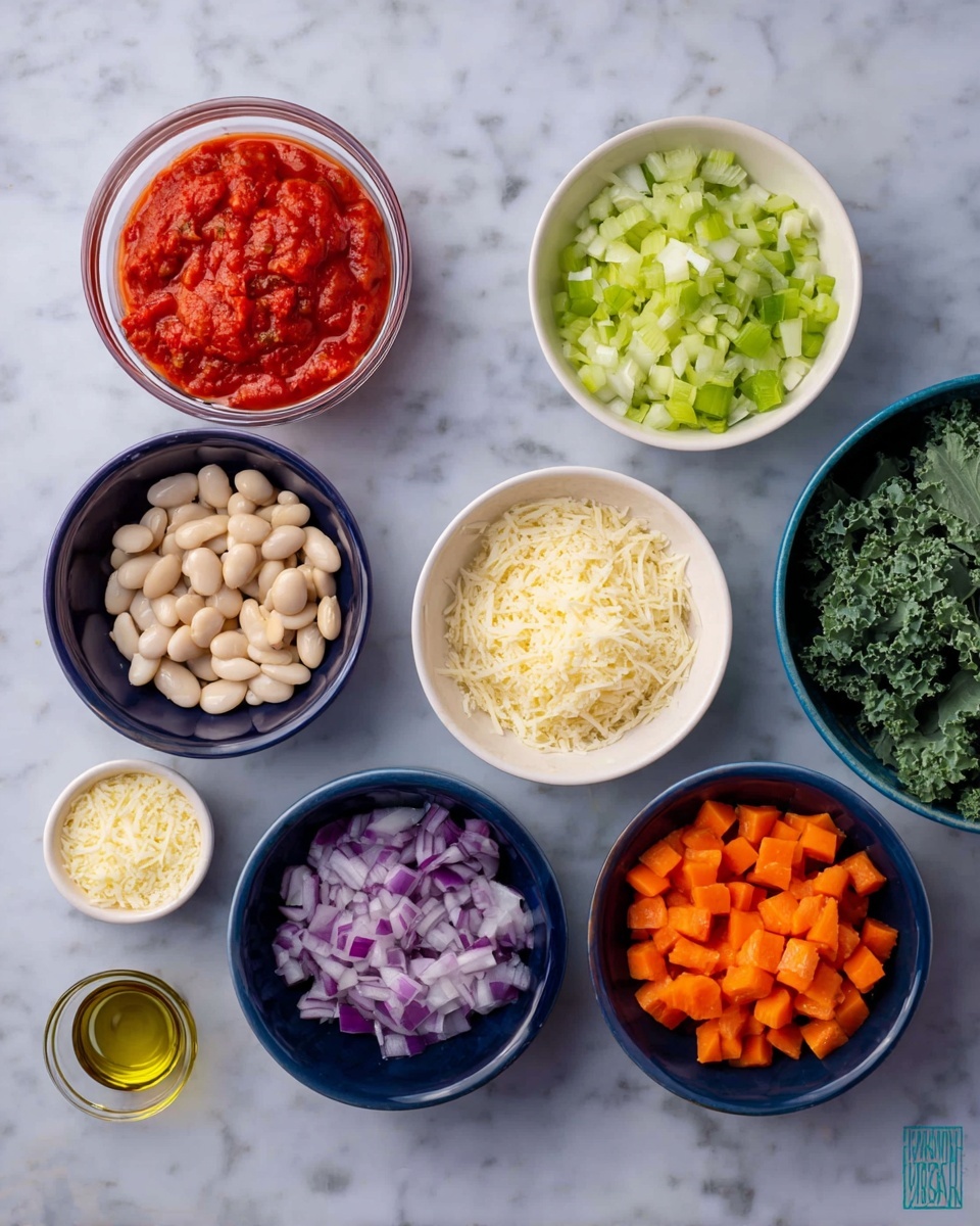 The image shows eight small white and dark blue bowls arranged on a white marbled surface, each filled with different chopped or whole ingredients. From the top left, there is a glass bowl filled with bright red tomato paste, next to it a dark blue bowl full of pale white beans. To the top right, a white bowl contains finely chopped light green celery. Below the tomato paste is a small white container with finely grated pale yellow cheese. Below the beans, a dark blue bowl holds small pieces of chopped purple and white onions. To the right of the onions, a white bowl is filled with small, square orange carrot pieces. At the bottom left, a small dark blue bowl has finely minced pale yellow garlic. Lastly, a small glass cup near the bottom right contains a clear light golden liquid, likely oil. On the right edge, partially visible is a dark bowl holding what appears to be green kale leaves. Photo taken with an iphone --ar 4:5 --v 7