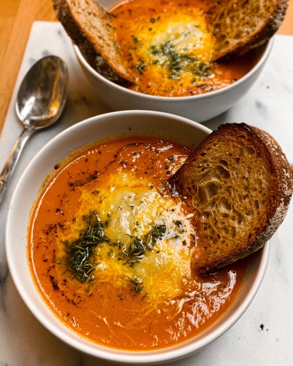 Two white bowls filled with a thick, orange tomato soup with a smooth texture, topped with melted yellow and white cheese that has browned spots and green herbs sprinkled on top. Each bowl has a slice of toasted brown bread resting on the side. The bowls sit on a white marbled surface. photo taken with an iphone --ar 4:5 --v 7