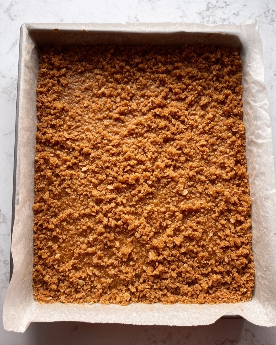 The image shows a rectangular tray lined with white parchment paper filled with a single thick layer of a crumbly, golden brown mixture. The texture looks coarse and crunchy, with uneven small clusters spread evenly across the entire surface, creating a rough yet uniform top layer. The tray sits on a white marbled surface, and no other layers or elements are visible in the shot. The overall color is warm brown, resembling toasted oats or nuts. photo taken with an iphone --ar 4:5 --v 7