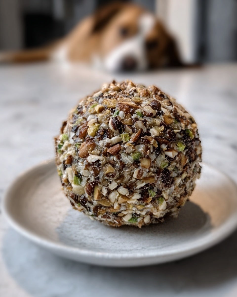 The image shows a round ball-shaped food item covered with small chopped nuts, creating a rough texture on the outside. The ball sits on a plain white plate placed on a white marbled surface. The ball looks dense and contains small green bits, possibly herbs, visible through the outer coating. In the background, a dog lies on the floor, but it is out of focus. The lighting highlights the texture and colors of the food ball clearly. Photo taken with an iphone --ar 4:5 --v 7