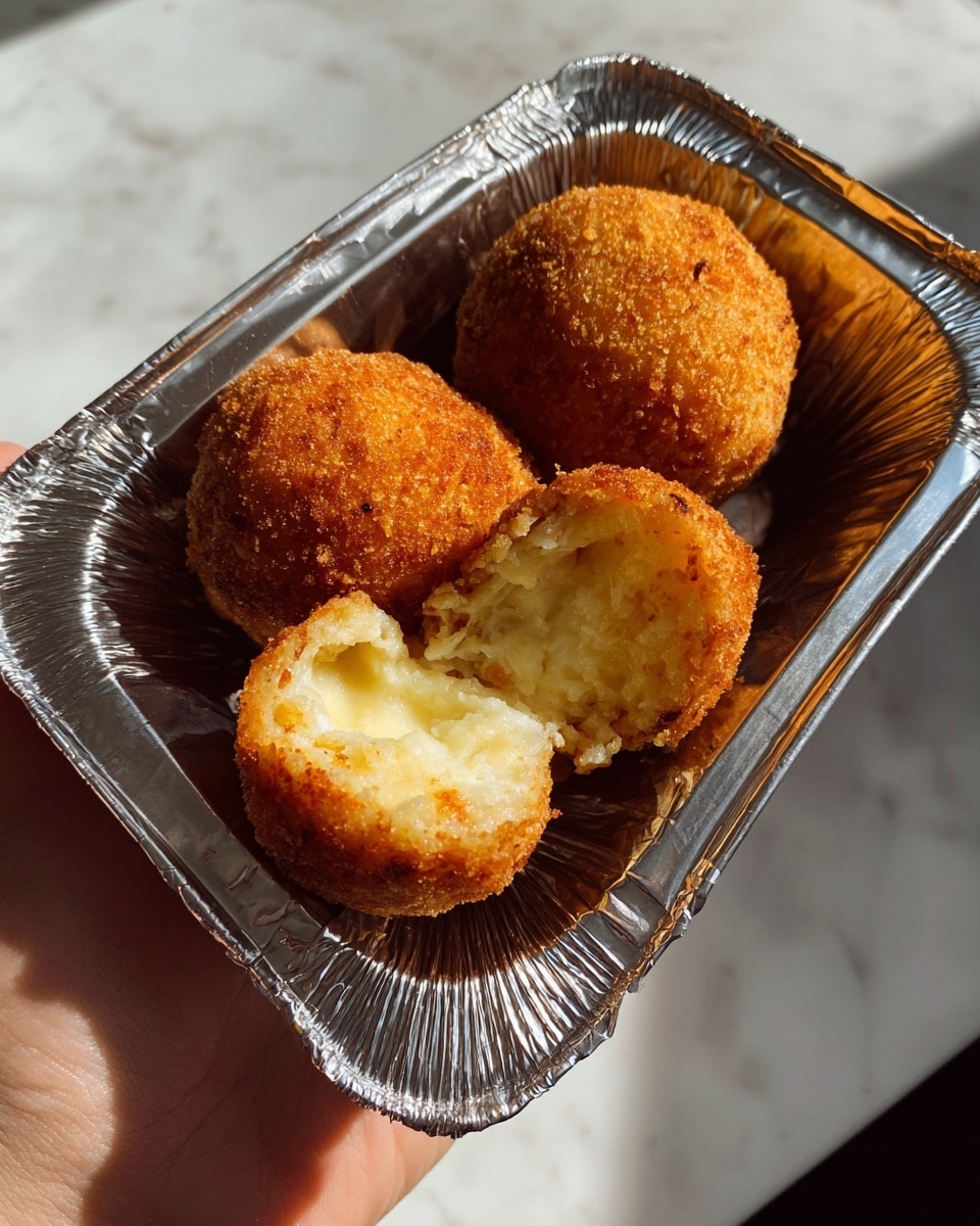 The image shows a close-up of three golden-brown fried balls placed inside a shiny silver foil container. Two whole round balls have a crispy and crunchy textured outer layer with a warm orange-brown color. The third ball at the front is open, revealing a creamy, pale yellow filling with a smooth and slightly soft texture inside. A woman's hand is holding the container from the side, and the background features a white marbled surface softly lit by natural light. photo taken with an iphone --ar 4:5 --v 7