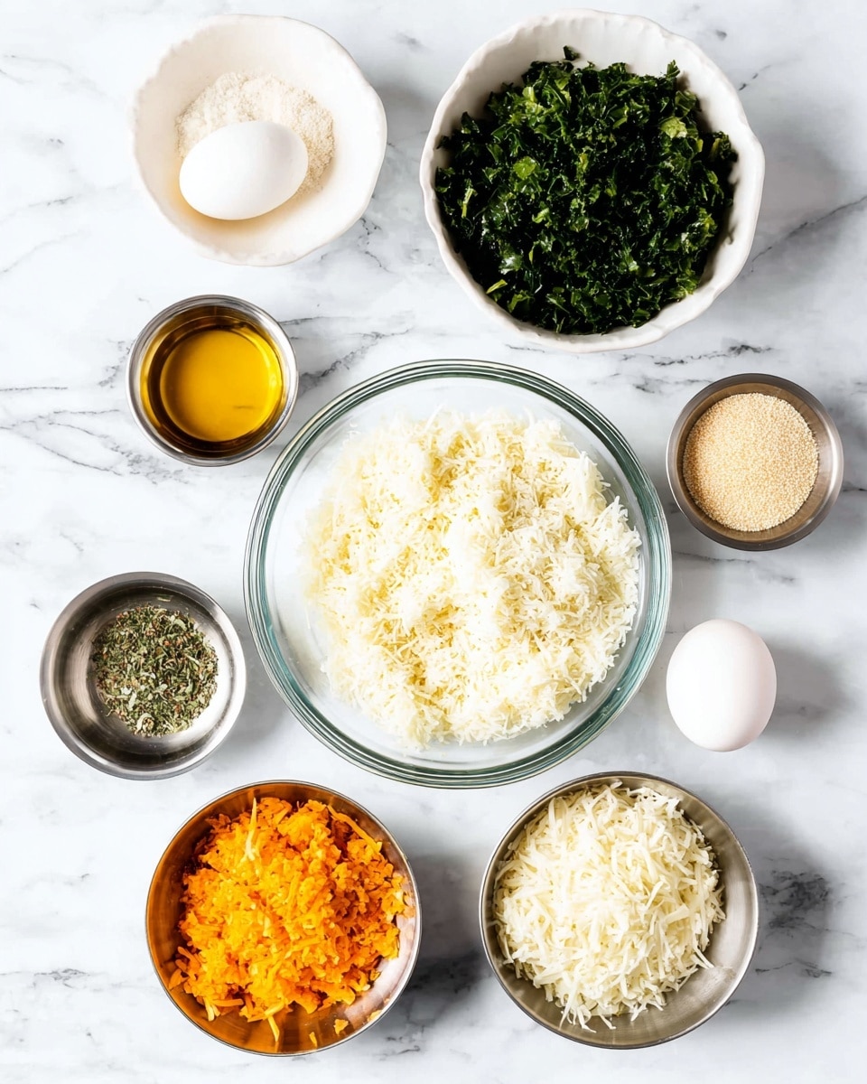 The image shows a top view of various ingredients on a white marbled surface. In the center, there is a clear glass bowl filled with light, finely shredded white pieces. Above it, slightly to the left, a white bowl holds chopped dark green leafy vegetables. To the right, a small metal bowl contains fine light beige crumbs. Below the green bowl, another small metal bowl is filled with white shredded cheese. To the left, a tiny metal bowl has mixed pale brown and green dried herbs. Below this, a small metal bowl with a golden liquid sits next to a single white egg. At the bottom left, a small metal bowl is filled with bright orange shredded pieces. Everything is neatly arranged, bright, and clear. Photo taken with an iphone --ar 4:5 --v 7