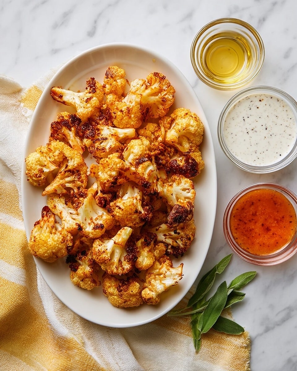 A white oval plate on a white marbled surface holds a single layer of golden-brown roasted cauliflower florets with some charred edges, showing textures of crispy and soft parts. To the right of the plate, there are two small clear glass bowls placed on a white marbled surface with a yellow and white striped cloth underneath; the top bowl contains a white creamy sauce with black pepper specks, and the bottom bowl holds a reddish-orange spicy sauce. A small green leafy sprig rests near the bottom edge of the image. photo taken with an iphone --ar 4:5 --v 7