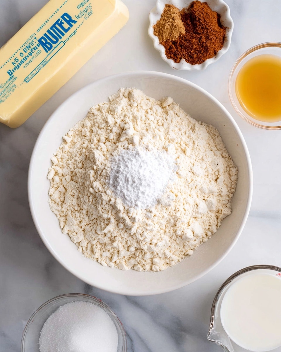 A white bowl filled with layers of dry ingredients: the largest part is pale flour with a rough, powdery texture, a smaller mound of fine white baking powder sits on top near the center, a bit of fine white salt is visible slightly to the side, and a small rough pile of brown cinnamon is at the lower left. Around the bowl on a white marbled surface are a block of yellow butter with blue lettering at the top left, a small white bowl with golden liquid at the right, a clear glass measuring cup with white milk at the bottom left, and a small clear bowl of white sugar at the bottom center. Photo taken with an iphone --ar 4:5 --v 7