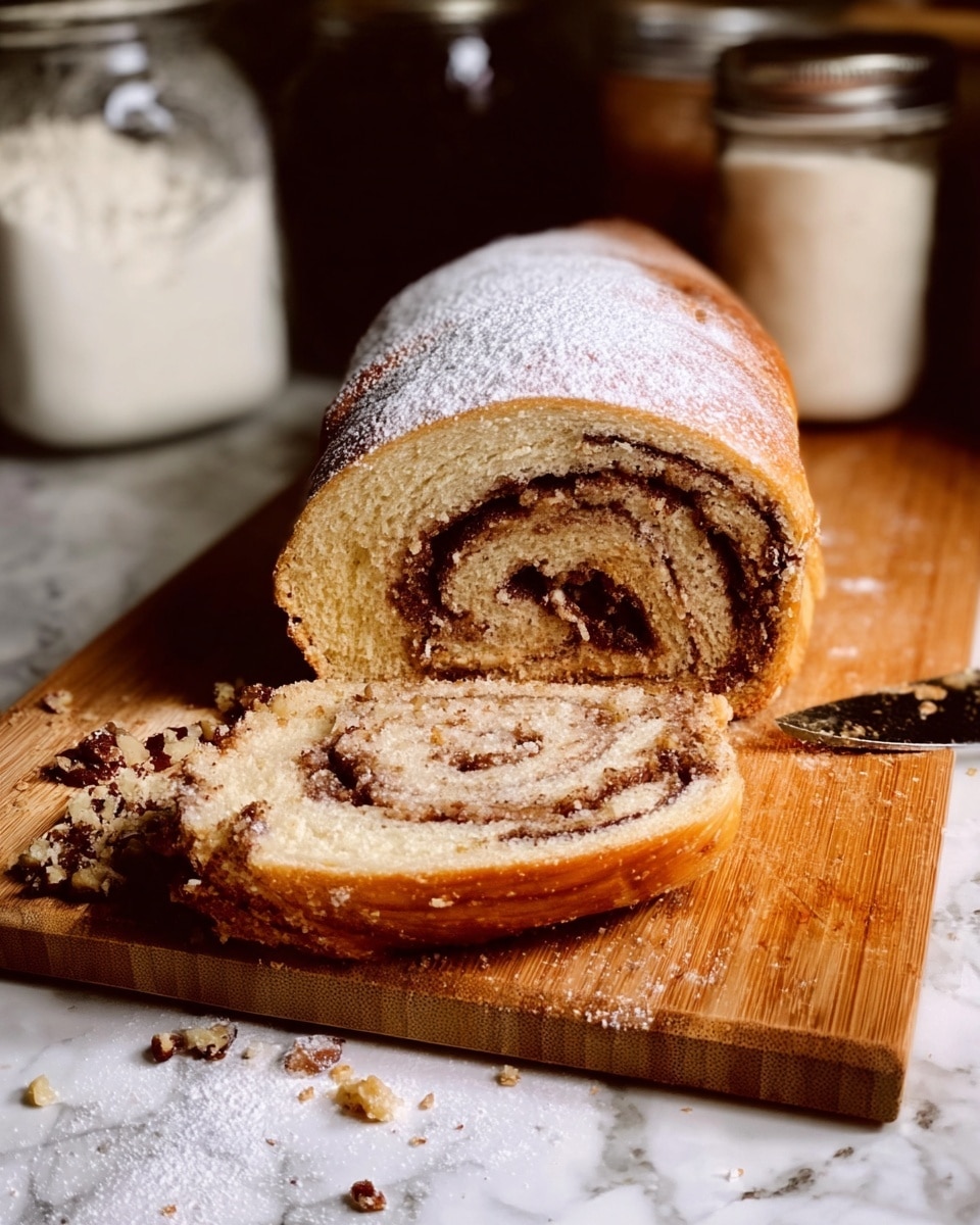 A thick roll of cinnamon swirl bread is resting on a wooden board. The bread has two visible layers inside: a soft, light brown dough and a dark cinnamon sugar filling that spirals through the center. A single slice is cut and leaning against the loaf, showing chopped nuts and a dusting of powdered sugar on the top crust. Some crumbs and bits of cinnamon filling are scattered around the bread. In the background, there are jars of white flour or sugar placed on a white marbled surface. The photo was taken with an iphone --ar 4:5 --v 7