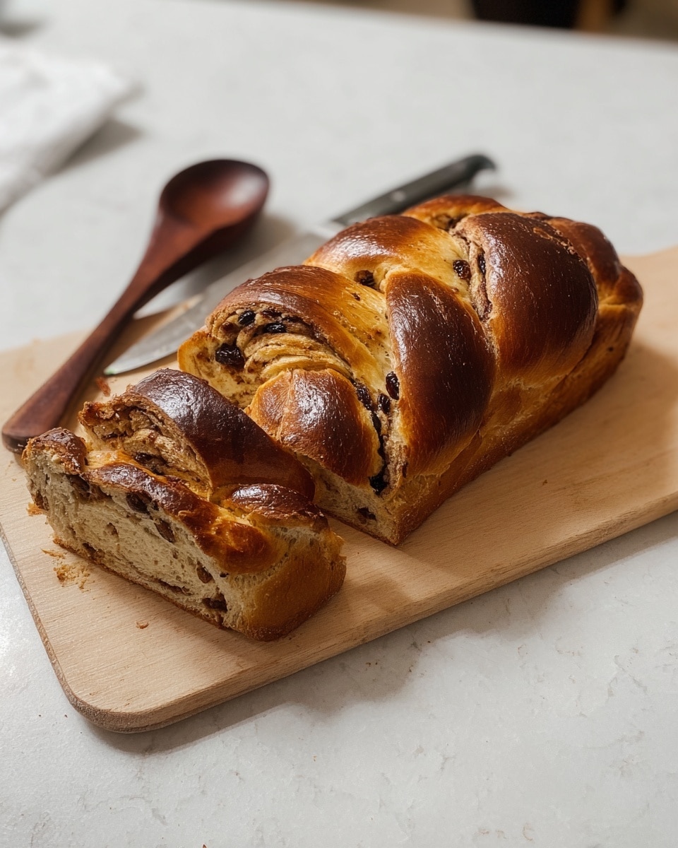 A golden brown braided loaf sits on a light wooden cutting board with a rich shiny crust showing darker toasted spots on top. The bread’s twisted layers reveal a soft light brown inside with swirls of cinnamon and raisins dotted throughout the layers. The cutting board is placed on a white marbled surface, and beside the bread, there is a dark wooden spoon with a smooth texture. In the background, a woman's hand can be seen holding a knife near the edge of the frame. The photo is taken with an iphone --ar 4:5 --v 7