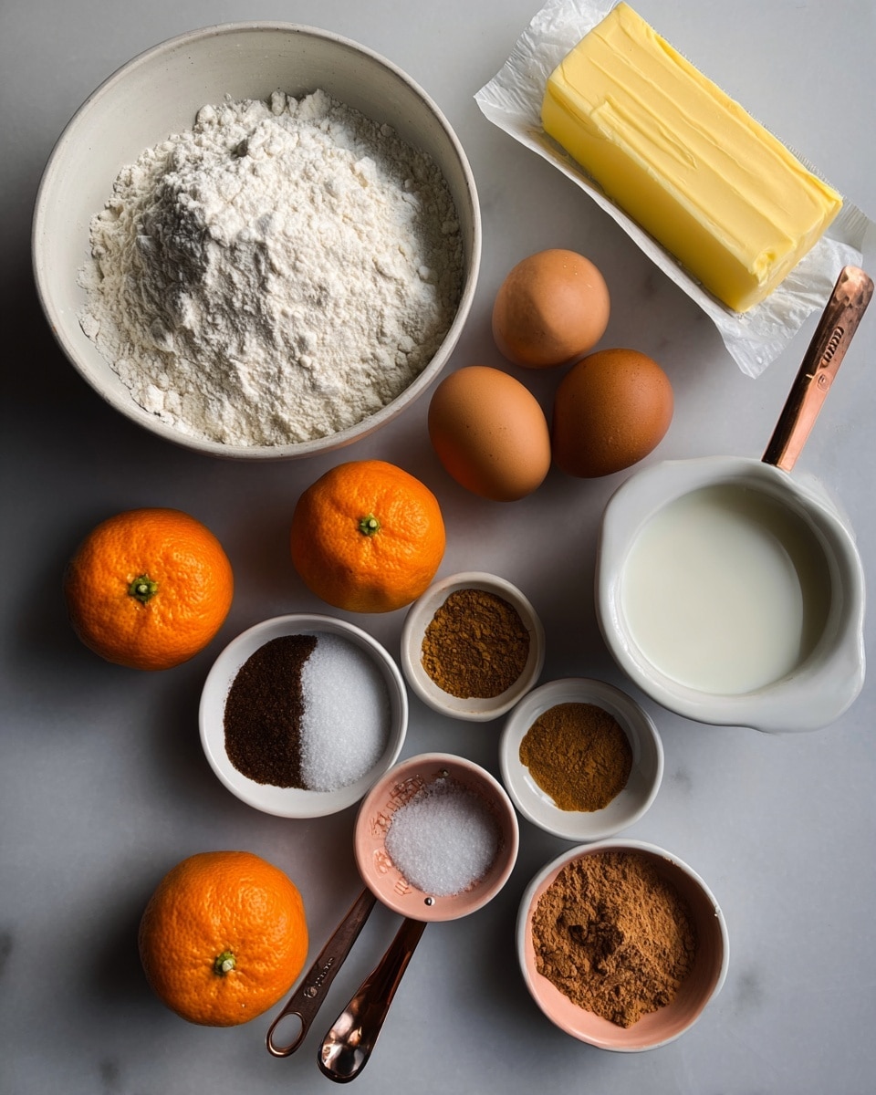The image shows a top view of baking ingredients arranged neatly on a white marbled surface. There is a large white bowl filled with white flour at the top left, next to a stick of yellow butter on a plain wrapper at the top right. Below the flour are three brown eggs placed around a bright orange tangerine. Three small white bowls are organized at the bottom left, containing dark brown sugar, light brown sugar, and white salt respectively. Next to these bowls, there is a white bowl with milk and two measuring spoons, one copper with bright orange powder and one pink with brown powder. The colors and textures create a warm and natural feel. photo taken with an iphone --ar 4:5 --v 7