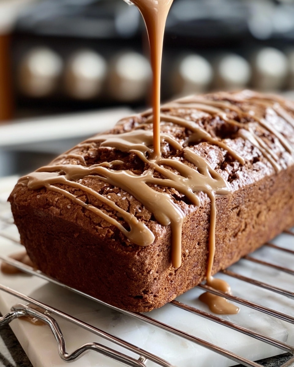 A close-up view of a rectangular, soft brown cake resting on a metal cooling rack with a white marbled surface underneath. The cake has a cracked top with a slightly rough texture, showing its moist inside. A thick, light brown glaze is being poured over the cake in slow, wavy lines that run across its surface, adding a glossy layer. In the background, there is a blurred stove, giving a home kitchen feel. Photo taken with an iphone --ar 4:5 --v 7