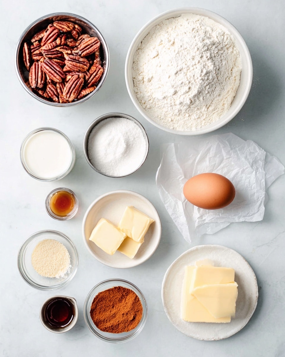 The image shows an overhead view of baking ingredients neat on a white marbled surface. There is a large white bowl filled with white flour on the right side, next to a single brown egg resting on a piece of white parchment paper. Below the egg is a small white dish with two slices of light yellow butter. In the lower center is a glass bowl of white powdered sugar. To the left is a small metal bowl with white salt, above it a glass of white milk. Above that is a small glass bowl with dark syrup. Near the top left is a small white bowl with light brown sugar. Above that is a metal bowl full of reddish-brown pecans, with a few pecan halves beside it. A small metal bowl with light beige yeast powder, and a small metal bowl with orange-brown cinnamon powder are also included. Near the top is a white bowl with melted butter. The setup is clean and simple, ingredients arranged clearly. Photo taken with an iphone --ar 4:5 --v 7