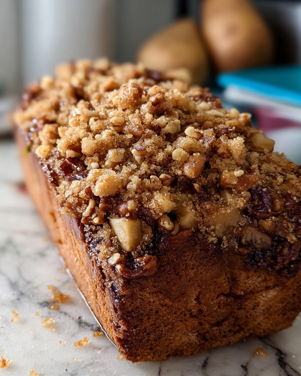 The image shows a close-up of a loaf topped with a thick layer of crunchy, golden-brown chopped nuts mixed with a sprinkle of light brown sugar crystals. The loaf has a rich, moist texture with a darker brown color that contrasts with the lighter, crumbly topping. The surface beneath the loaf is a white marbled texture, and parts of the background show some blurred kitchen items and potatoes. The whole scene captures the loaf in clear detail, showing the texture of the nuts and sugar on top and the soft bread underneath. photo taken with an iphone --ar 4:5 --v 7