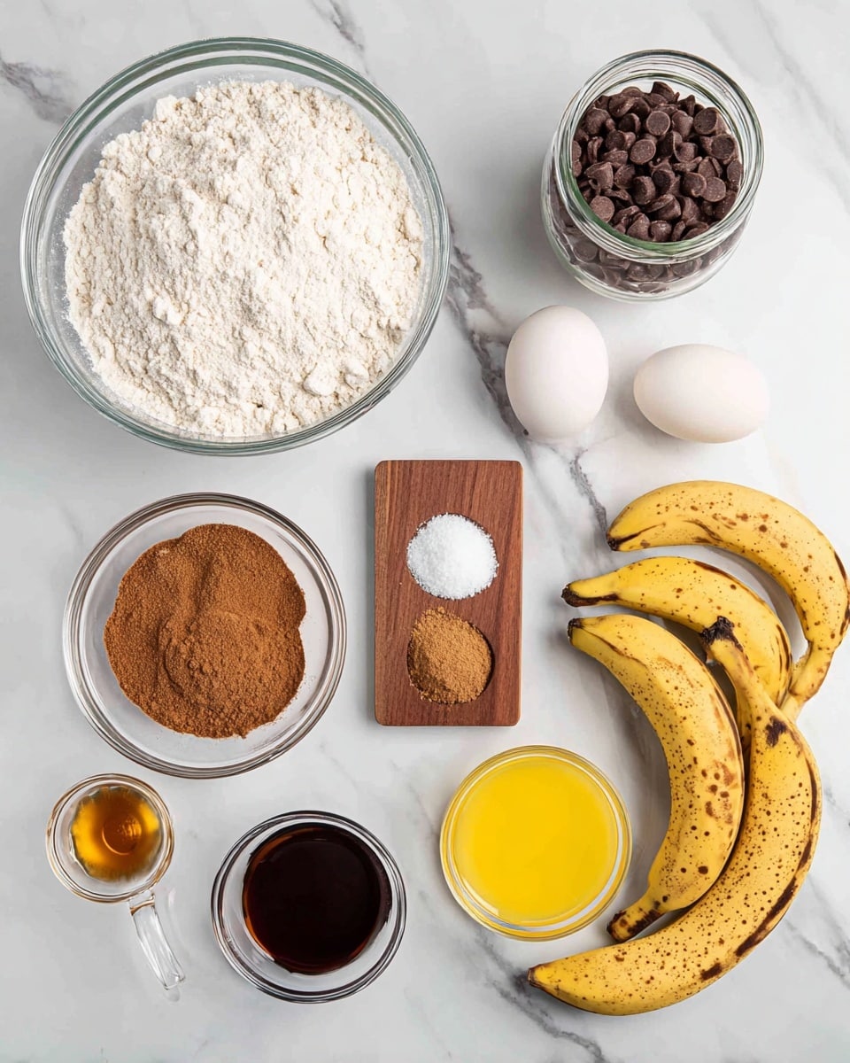 The image shows various baking ingredients neatly placed on a white marbled surface. In the top left is a large clear bowl filled with white flour, next to it on the right is a clear jar full of dark brown chocolate chips. Below the flour bowl is a small clear bowl holding two whole white eggs. To the right, a small wooden cutting board holds three piles of different powders: brown cinnamon, white baking soda, and salt. Below the eggs is a larger clear bowl with light brown sugar. Next to the sugar is a small clear measuring cup filled with dark brown vanilla extract. Above the sugar is another clear bowl filled with bright yellow melted butter. On the bottom right are three ripe yellow bananas with brown spots. The overall scene is bright and clean. photo taken with an iphone --ar 4:5 --v 7