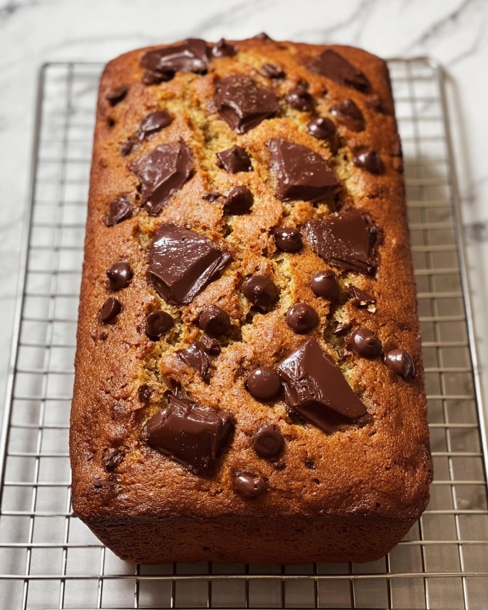 A rectangular loaf of chocolate chip bread sits on a metal cooling rack above a white marbled surface. The bread is golden brown with a soft, slightly cracked top. Large, smooth, dark chocolate chunks and smaller round pieces are scattered unevenly across the surface, some partially melted and embedded in the bread. The texture looks moist and fluffy with a slightly crisp crust. photo taken with an iphone --ar 4:5 --v 7