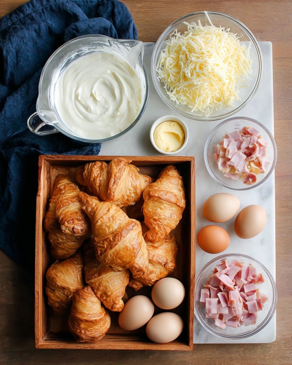 The image shows a wooden tray filled with golden brown croissants that have a crispy, flaky texture in the center top. To the left, there is a clear glass measuring cup filled with white cream on a white marbled surface. Below the measuring cup, there is a small white bowl with a dollop of pale yellow mustard. Next to it, there is a small clear bowl with shredded white cheese. In the middle, there are seven whole eggs in various shades of brown, beige, and white arranged in a loose cluster. To the right of the eggs, there is a clear bowl with small pieces of pink ham. At the bottom right, there is a small white bowl containing salt, pepper, and garlic powder. A dark blue cloth is partially visible in the top left corner. photo taken with an iphone --ar 4:5 --v 7