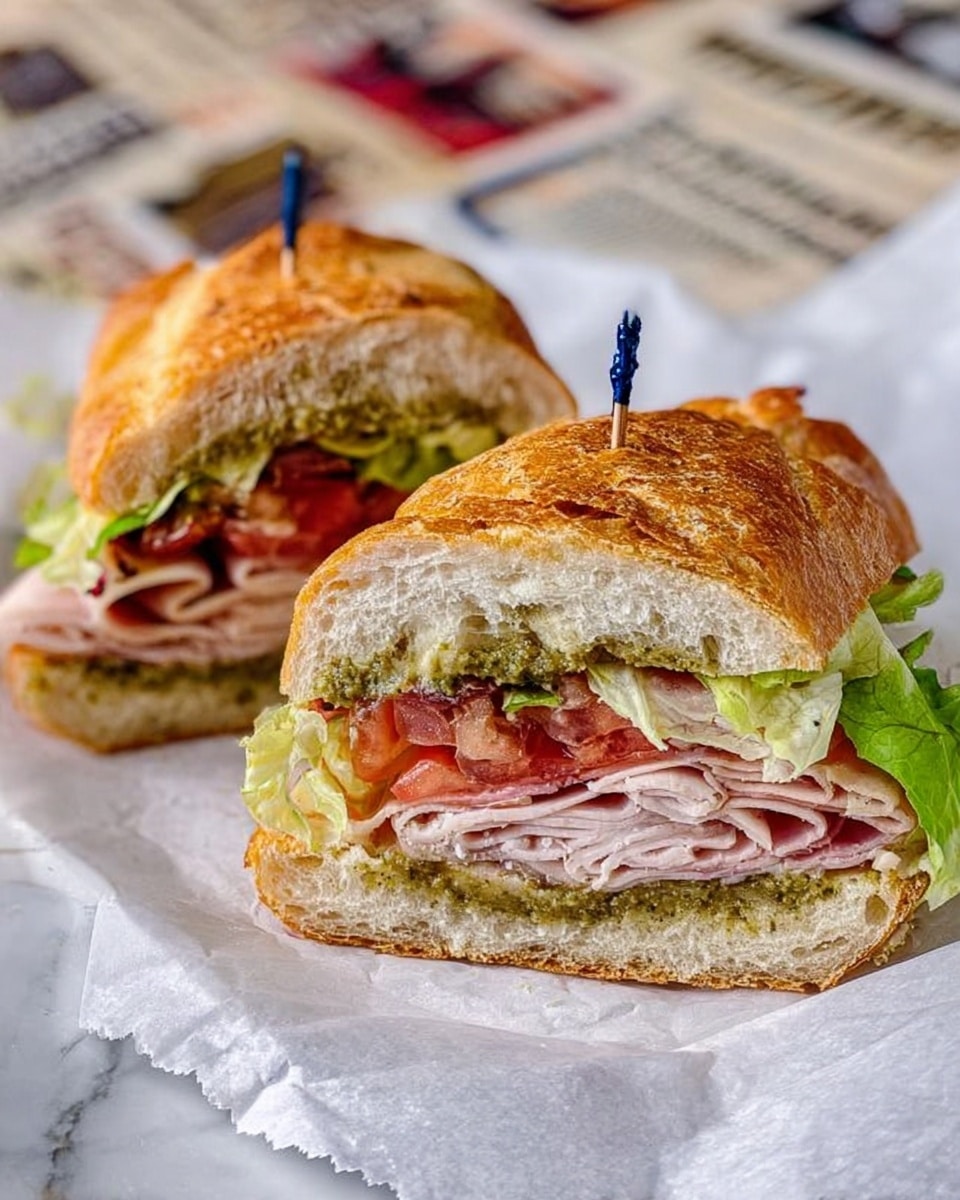 The image shows a sandwich cut in half, placed on white parchment paper with a white marbled surface underneath. Each sandwich half has four visible layers: the top golden-brown crusty bun, a pesto green spread under the bun, several thin, folded slices of pale pink deli meat, fresh red tomato pieces, and bright green leafy lettuce at the bottom, all inside the bread. There are small blue toothpicks holding each sandwich half together. The background includes blurred printed paper with some text and images. Photo taken with an iphone --ar 4:5 --v 7