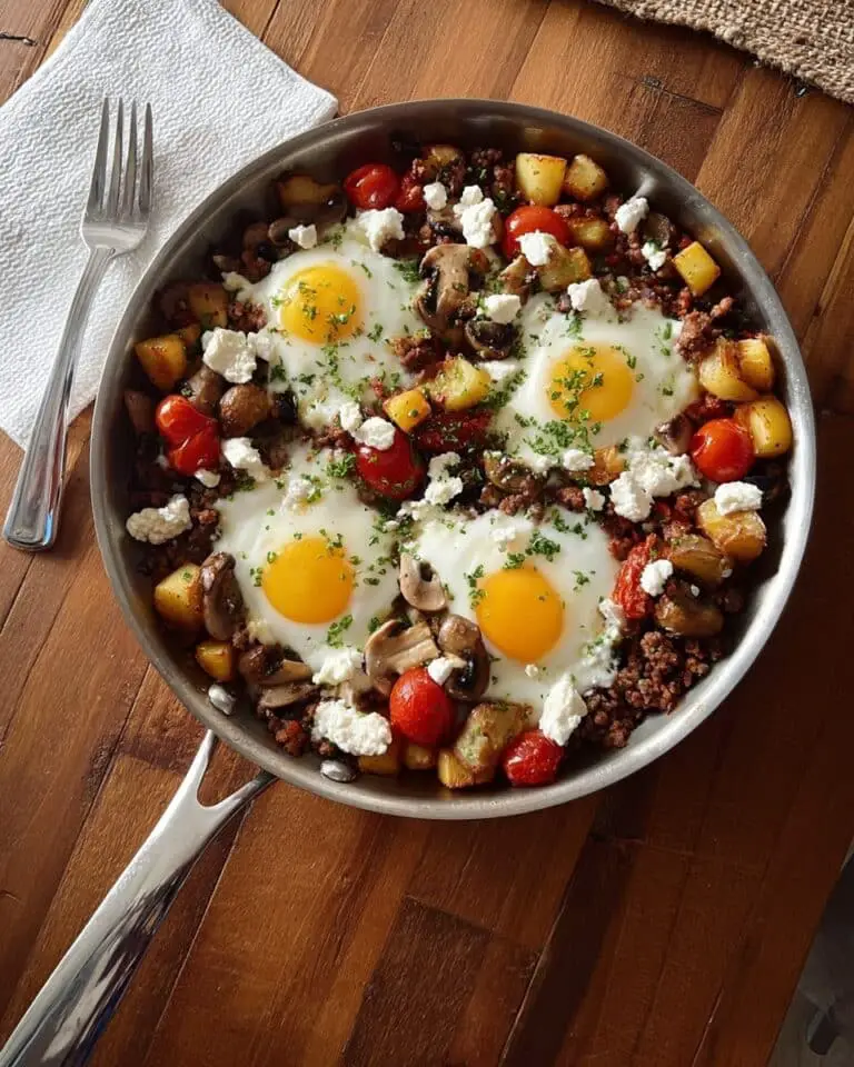 Hearty Breakfast Skillet with Crispy Potatoes, Eggs, Sausage, and Cheese Recipe