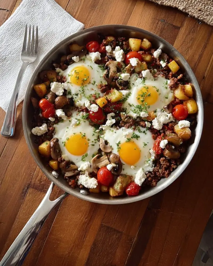 Hearty Breakfast Skillet with Crispy Potatoes, Eggs, Sausage, and Cheese Recipe