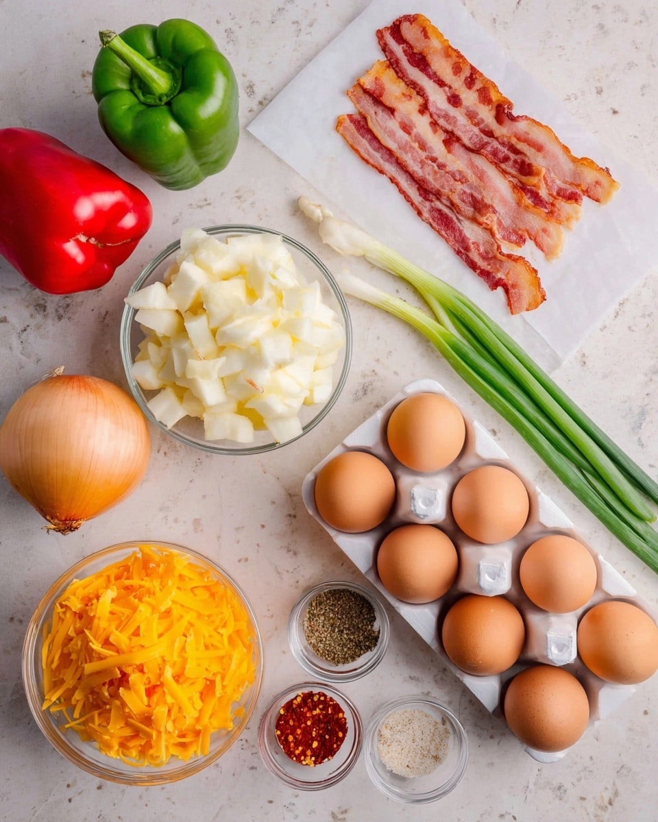 The image shows cooking ingredients placed on a white marbled surface. There is a white holder with four brown eggs in the center right. To the left, a whole green bell pepper and a whole red bell pepper sit beside a whole yellow onion. Above the eggs, there are thin green spring onions and several slices of bacon laid flat on white parchment paper. On the top left, there is a clear bowl filled with chopped white potatoes, and below it, a smaller clear bowl holds shredded orange cheddar cheese. In the bottom right, there are four small clear bowls containing different spices: red chili flakes, paprika, salt and black pepper mix, and a light-colored powder. Photo taken with an iphone --ar 4:5 --v 7
