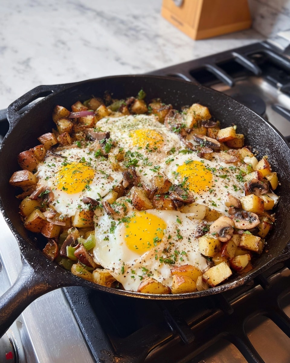 A black cast-iron skillet filled with a mix of diced golden-brown potatoes and small pieces of cooked mushrooms and celery spread across the bottom. On top, three fried eggs with bright yellow yolks are evenly spaced, each surrounded by melted white cheese sprinkled with green parsley and black pepper. The skillet sits on a gas stove with a white marbled countertop in the background. Photo taken with an iphone --ar 4:5 --v 7