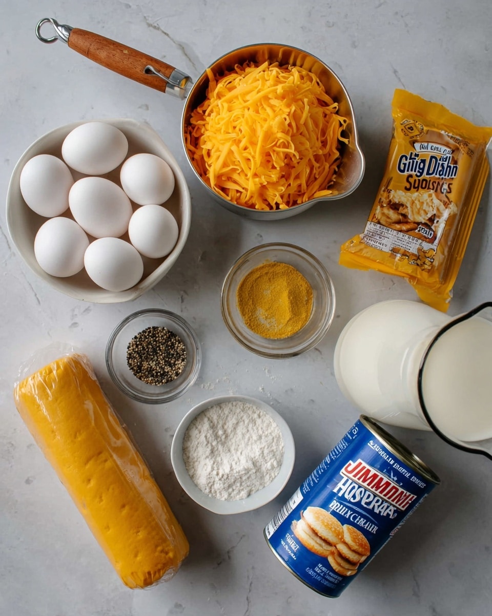 The image shows a variety of cooking ingredients arranged neatly on a white marbled surface. There is a mound of shredded orange cheese in a small silver measuring cup with a wooden handle at the top center. Below it, a bowl filled with white eggs rests near three more eggs placed loosely around it. A white bowl holds a mix of black pepper, and next to it is a small white bowl with golden mustard. A clear measuring spoon filled with white flour is placed beside a cylindrical yellow package of Jimmy Dean sausage. To the right, a blue can of Pillsbury Grands Southern Homestyle biscuits lies on its side with the biscuit image facing forward. A glass measuring jug filled with milk is slightly visible in the lower right corner. photo taken with an iphone --ar 4:5 --v 7