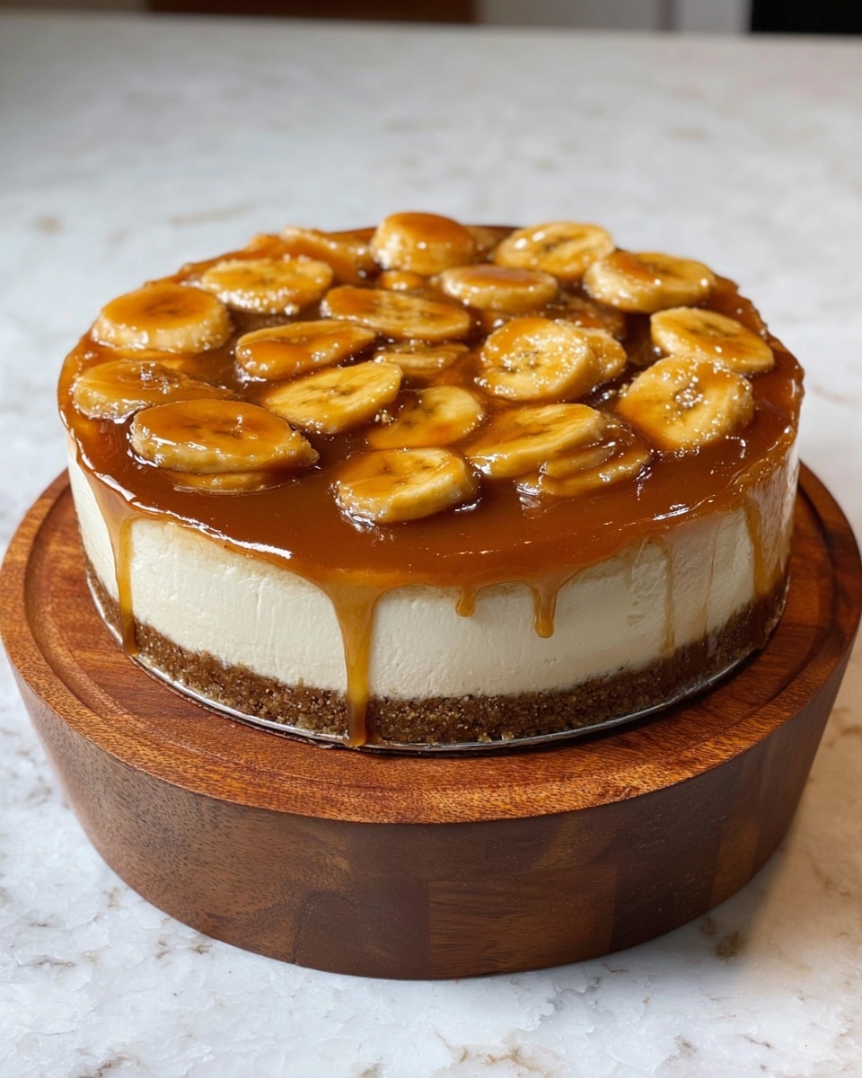 A round cake with three clear layers sits on a wooden cake stand over a white marbled surface. The bottom layer is thick and brown with a crumbly texture, forming a sturdy base. The middle layer is creamy white and smooth, evenly spread over the crust. The top layer is glossy caramel sauce that covers many slices of banana placed on the surface, the bananas are light yellow with a shiny caramel coating. The caramel slightly drips over the edges of the cake. photo taken with an iphone --ar 4:5 --v 7