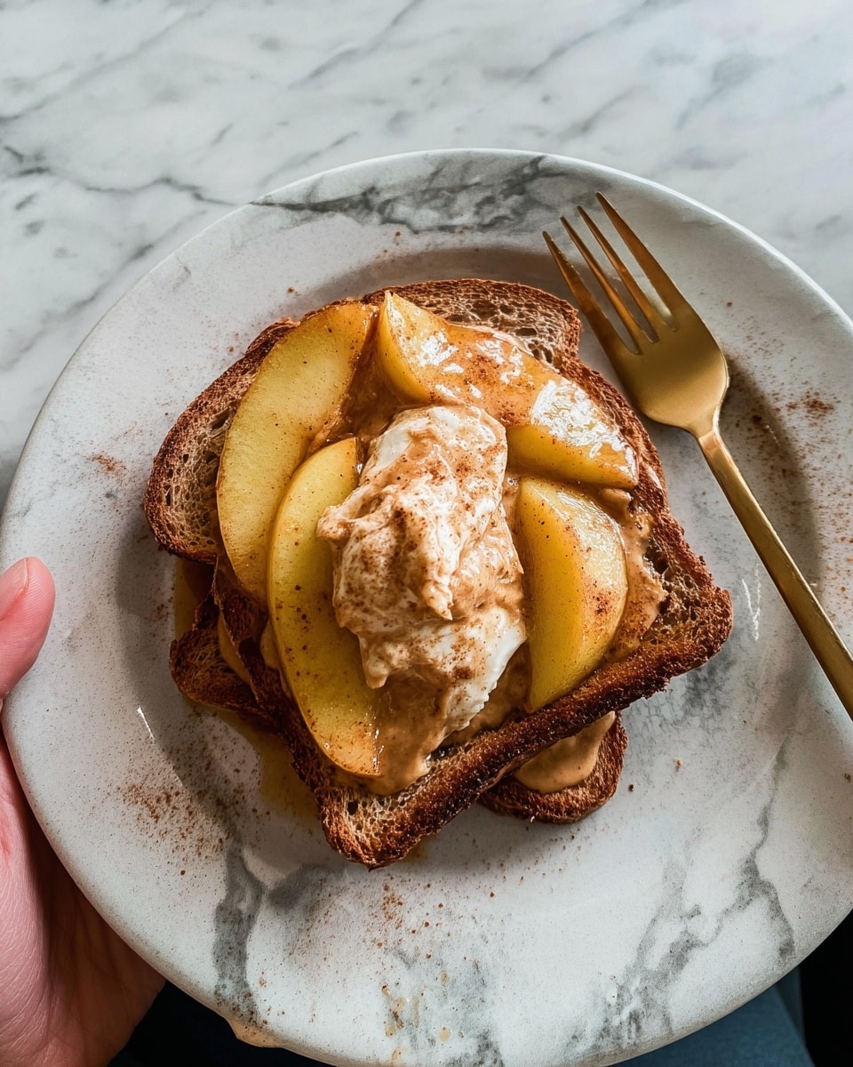 Two slices of toasted brown bread are stacked on a white plate with a marbled texture. On top of the bread, there are several light yellow slices of cooked apple, coated with a glossy layer of syrup or honey. A dollop of creamy, light brown peanut butter mixed with white cream is placed in the center, melting slightly and blending with the syrup. A gold fork rests on the right side of the plate. The photo is taken with a woman's hand holding the plate over a white marbled surface. photo taken with an iphone --ar 4:5 --v 7