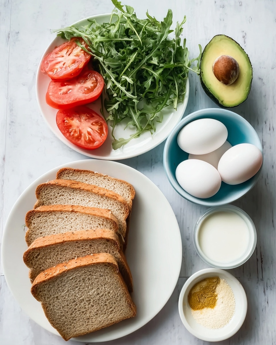 The image shows a breakfast setup with five slices of light brown bread arranged in a fanned stack on a white plate in the lower left corner. To the upper left, there is a white plate with fresh green arugula leaves, three red tomato slices, and half of an avocado with the large brown seed still inside, placed on a white marbled surface. On the right side, there are bowls with four white eggs in a blue bowl, a bowl of white milk, a small bowl filled with a light yellow powder, and another small bowl containing a mix of seasoning with salt, black pepper, and a yellow spice. The light is natural and soft, enhancing the colors and textures photo taken with an iphone --ar 4:5 --v 7