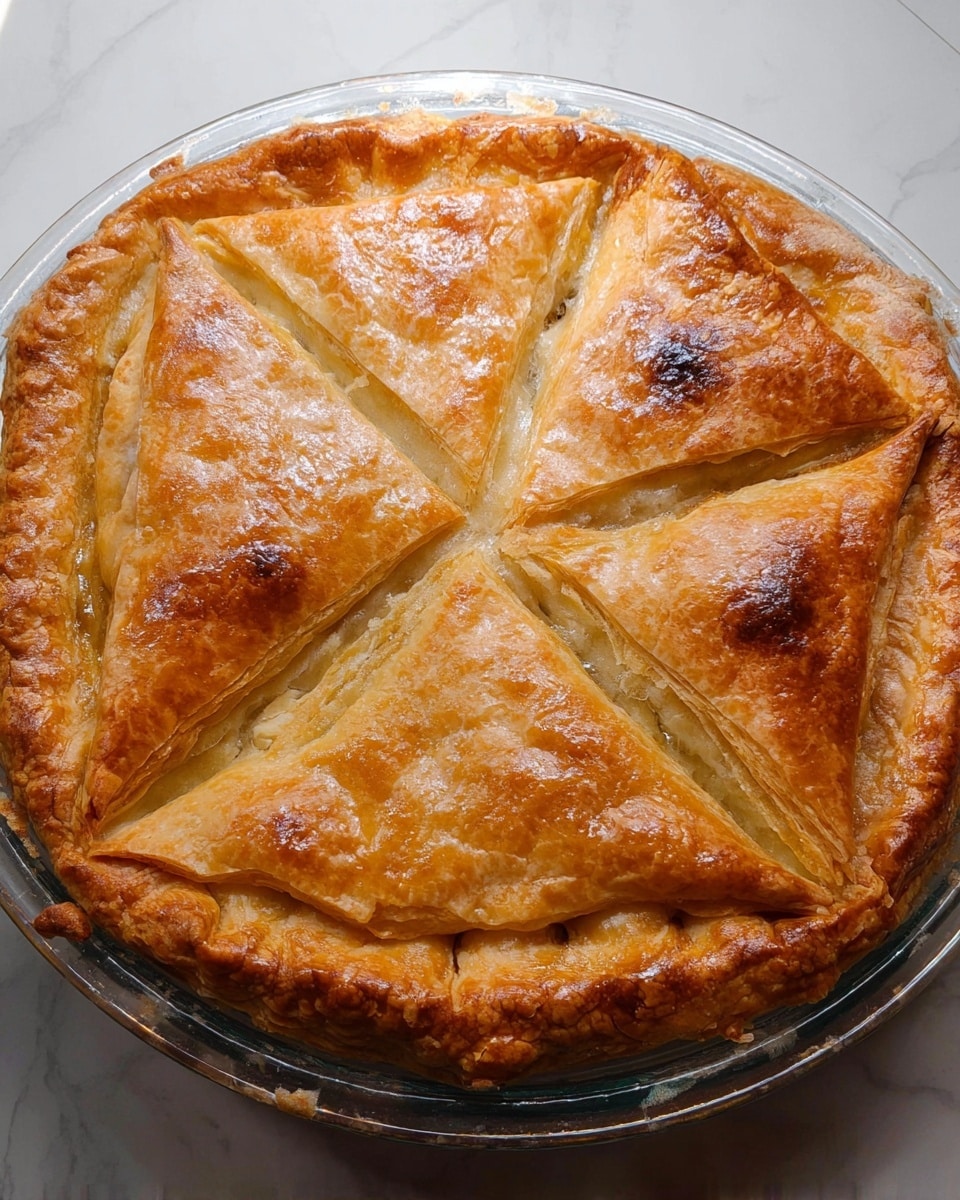 A round pie with a golden brown top crust featuring four triangular sections marked by shallow cuts, showing a flaky and slightly shiny texture from a light glaze. The crust edges are thick, slightly puffed, and browned. The pie sits inside a clear glass pie dish on a white marbled surface. The top crust shows a few darker golden spots where the pastry is more cooked. photo taken with an iphone --ar 4:5 --v 7