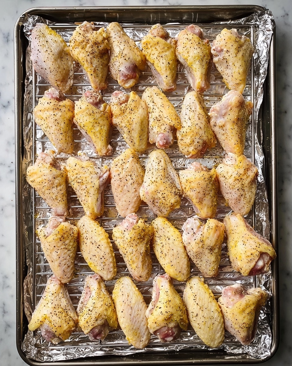 A baking tray lined with aluminum foil is topped with a metal rack holding 24 raw chicken wings arranged in neat rows. The wings have a light yellow skin with a sprinkling of black pepper evenly covering each piece. The metal rack allows airflow beneath the wings, while the foil catches any drips below. The overall tone is pale with pepper spots and a slight glisten from the skin's natural moisture. The background surface is a white marbled texture. photo taken with an iphone --ar 4:5 --v 7