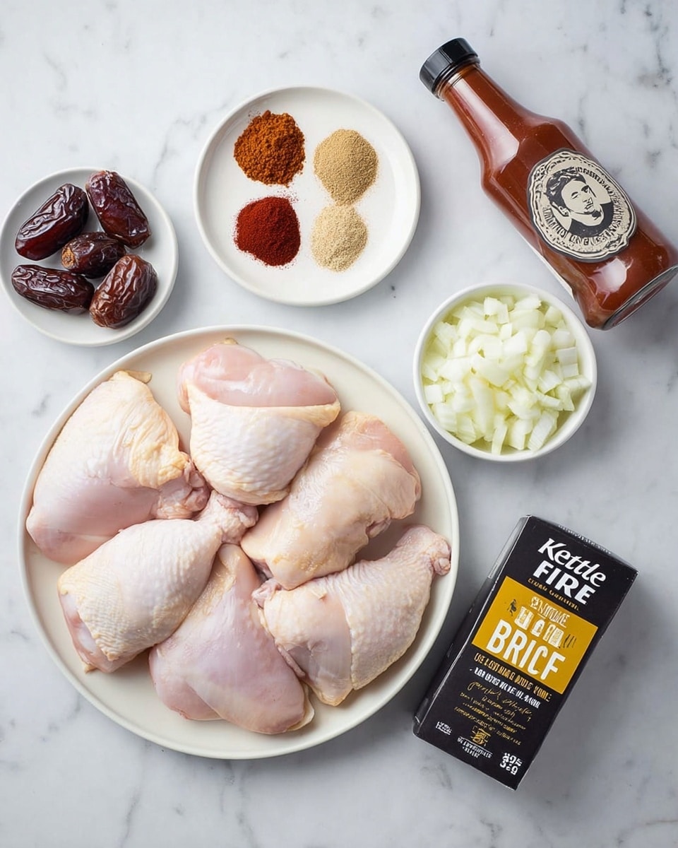 A white round plate in the center filled with six raw chicken pieces showing light pink and pale yellow skin textures, with smooth and slightly shiny surfaces. Above it, a small white round plate holds four piles of powdered spices: dark brown, light brown, bright red, and beige, each neatly placed in a quadrant. To the left, a small white round bowl contains three dark brown dates with wrinkled surfaces. To the right, a small white round bowl is filled with chopped white onions, showing a rough texture and irregular shapes. Near the bottom right, a black rectangular carton labeled