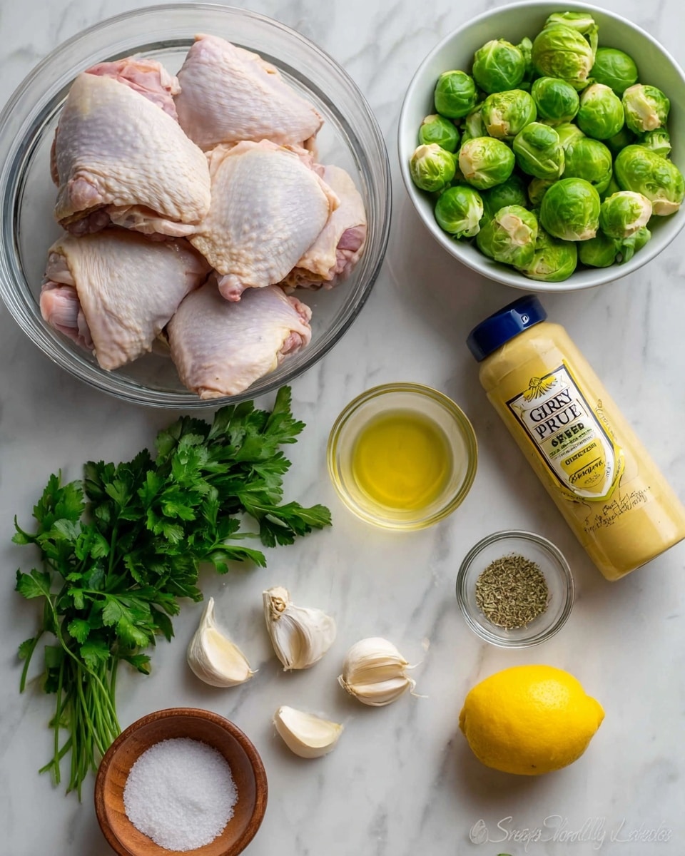 The image shows a cooking setup on a white marbled surface with multiple ingredients arranged neatly. There is a large clear glass bowl filled with several pieces of raw chicken thighs with skin, positioned at the center-left. Above and slightly to the right, a white bowl holds fresh, green Brussels sprouts. To the right of the chicken, a yellow bottle of Grey Poupon Dijon mustard is lying on its side. Below the mustard bottle is a small clear glass bowl with a light yellow liquid, likely oil. At the bottom center, a small wooden bowl contains coarse salt, and next to it is a bunch of fresh parsley with bright green leaves. Below the chicken bowl, three peeled garlic cloves and half a lemon with vibrant yellow skin are placed. Near the lemon is a small clear bowl with dried herbs. The setup is clean and well-organized, with natural light highlighting the freshness of the ingredients. Photo taken with an iphone --ar 4:5 --v 7