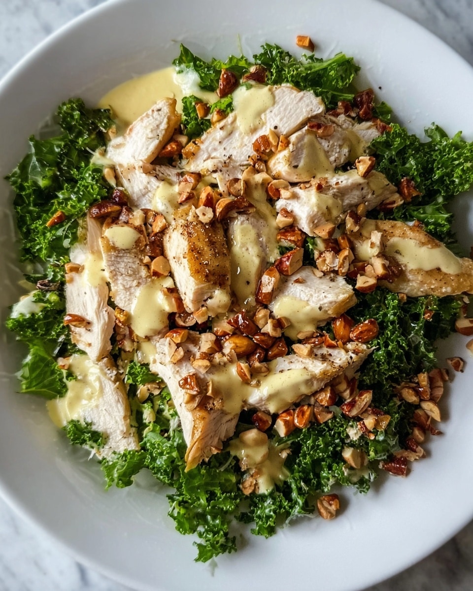A white plate is filled with fresh green leafy kale at the bottom layer, followed by small pieces of light-colored cooked chicken scattered evenly on top. There are golden brown roasted nuts sprinkled all over the dish. A light yellow creamy sauce is drizzled across the chicken and nuts, adding a glossy texture. The plate rests on a white marbled surface. Photo taken with an iphone --ar 4:5 --v 7