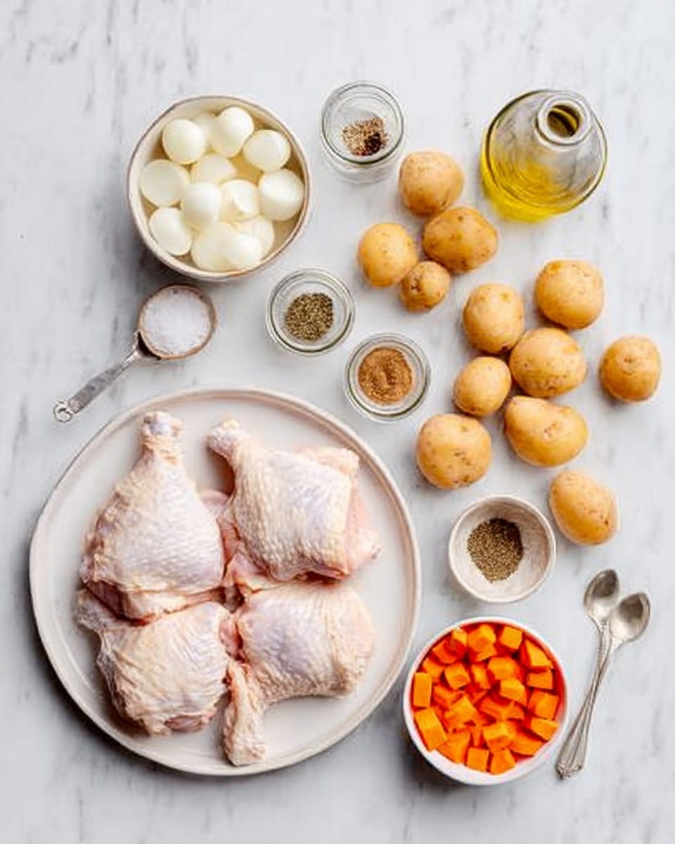 The image shows raw chicken pieces placed on a white plate on a white marbled surface. Around the plate are four small white bowls filled with round white onion slices, small whole potatoes, and chopped orange carrots. Also on the surface are four glass jars with spices, a small clear bottle of olive oil, and a small spoon lying nearby. The colors are soft with mostly white, light beige, orange, and a bit of greenish yellow from the oil. The arrangement is neat and clear. photo taken with an iphone --ar 4:5 --v 7
