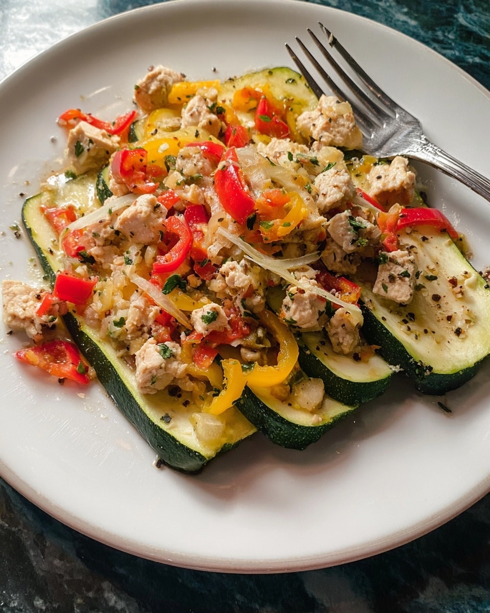 A white plate holds a colorful dish made with three main layers. The bottom layer features thick slices of green zucchini with a soft texture and visible seeds. On top of the zucchini are small chunks of light brown cooked chicken mixed with finely chopped red and yellow bell peppers. Scattered thin slices of translucent cooked onions are layered throughout, adding a slight gloss. The whole dish is lightly seasoned, showing specks of herbs and pepper. A silver fork rests on the right side of the plate. The setting is a white marbled surface. photo taken with an iphone --ar 4:5 --v 7