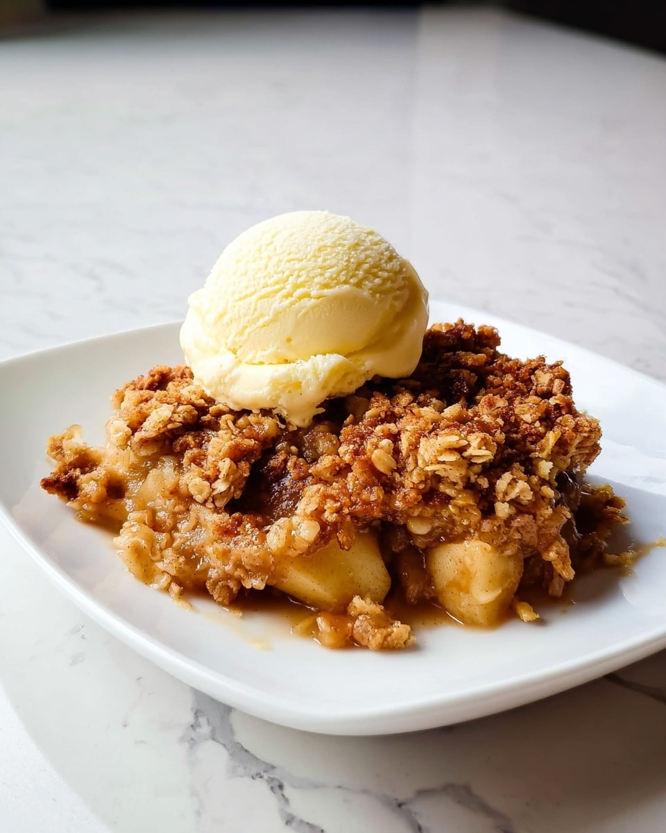 A white plate holds a generous serving of apple crumble with visible chunks of soft, warm apple pieces at the bottom in a light golden-brown sauce. On top, there is a thick, crunchy crumble layer in textured shades of golden brown with oats and nuts. A smooth, round scoop of pale yellow vanilla ice cream with a creamy texture sits on top, melting slightly around the edges. The plate is placed on a white marbled surface. photo taken with an iphone --ar 4:5 --v 7