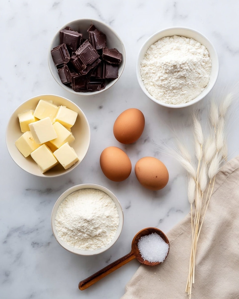The image shows ingredients neatly arranged on a white marbled surface: a white bowl filled with dark chocolate pieces sits on the top left, below it is another white bowl with white flour. To the bottom left, there is a white bowl with yellow butter cubes. On the right side, three brown eggs are placed close together in the center, with a small wooden scoop containing white coarse salt above them. A white bowl filled with granulated sugar rests on a folded cream cloth at the bottom right. Dried white fluffy grasses lie diagonally near the top right corner. Photo taken with an iphone --ar 4:5 --v 7