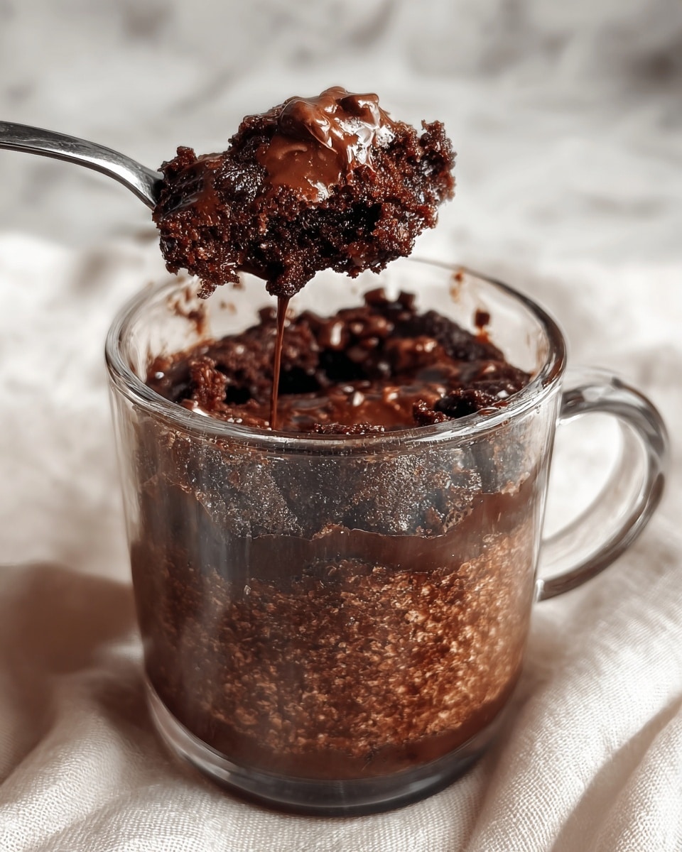 This image shows a clear glass mug filled with a dark, moist chocolate dessert. The top layer is uneven and chunky with melted shiny chocolate pieces visible inside. A metal spoon is lifting a scoop of the dessert from the mug, showing its rich and soft texture. The mug sits on a white marbled surface with a light fabric cloth underneath. photo taken with an iphone --ar 4:5 --v 7