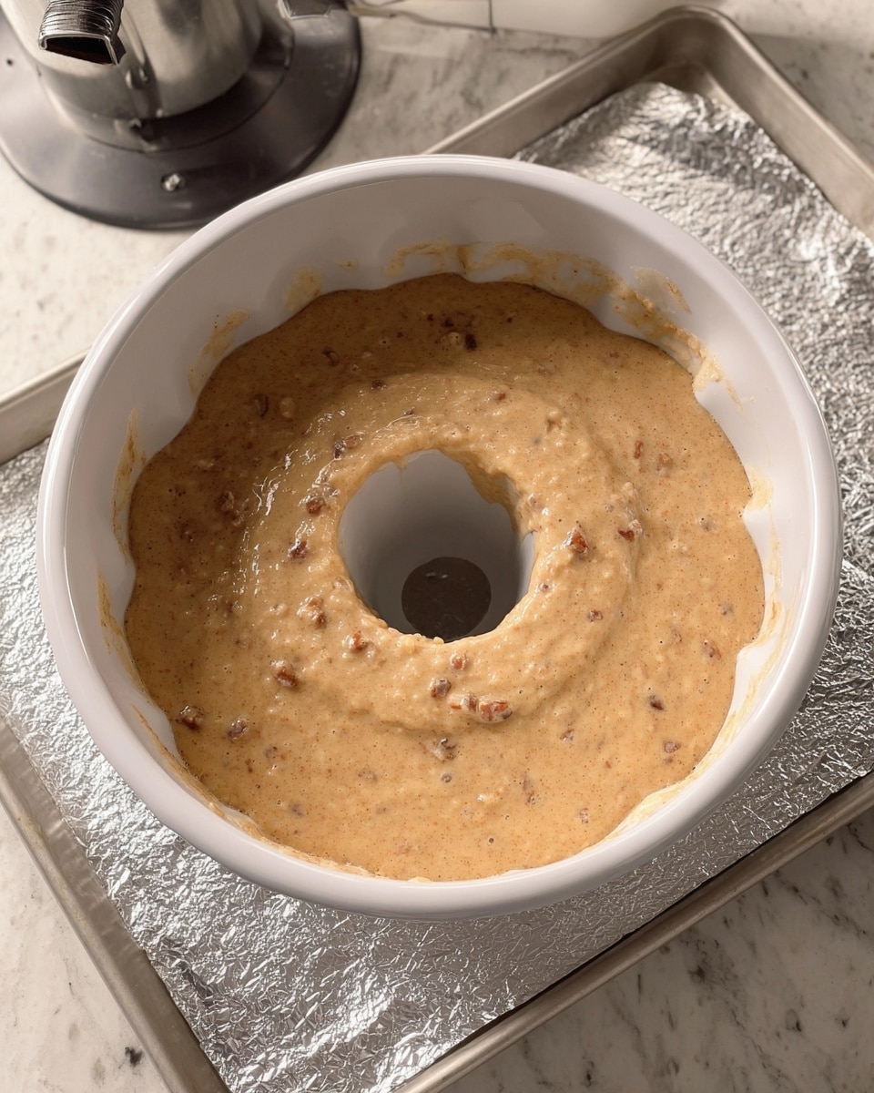 The image shows a thick, light brown cake batter mixed with small darker brown bits spread in a single even layer inside a white Bundt pan. The batter fills the pan about one-third full, and it has a smooth, slightly shiny surface with some bubbles. The white Bundt pan sits on a baking tray lined with shiny aluminum foil, all placed on a white marbled countertop. In the background, there is a metal meat grinder and some kitchen tools. Photo taken with an iphone --ar 4:5 --v 7