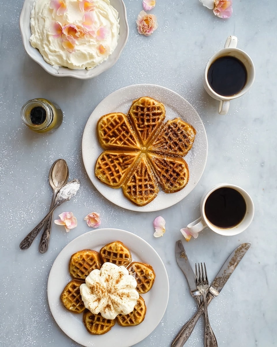 A white plate holds a golden-brown waffle shaped like a flower with six segments, each having a crisscross pattern, placed on a white marbled surface with light flour dust. Below it, a smaller white plate carries another six-segment flower waffle topped with a soft, creamy dollop and a sprinkle of brown spice. To the right, there are two small white cups filled with black coffee, slightly apart from each other. Above the large plate, there is a small white bowl full of whipped cream with a silver spoon resting inside. On the top left, a small glass bottle with a black cap is placed, next to a cup filled with soft white cream with light pink petals on top. Three forks and two knives with ornate handles lie on the left near the plates. photo taken with an iphone --ar 4:5 --v 7