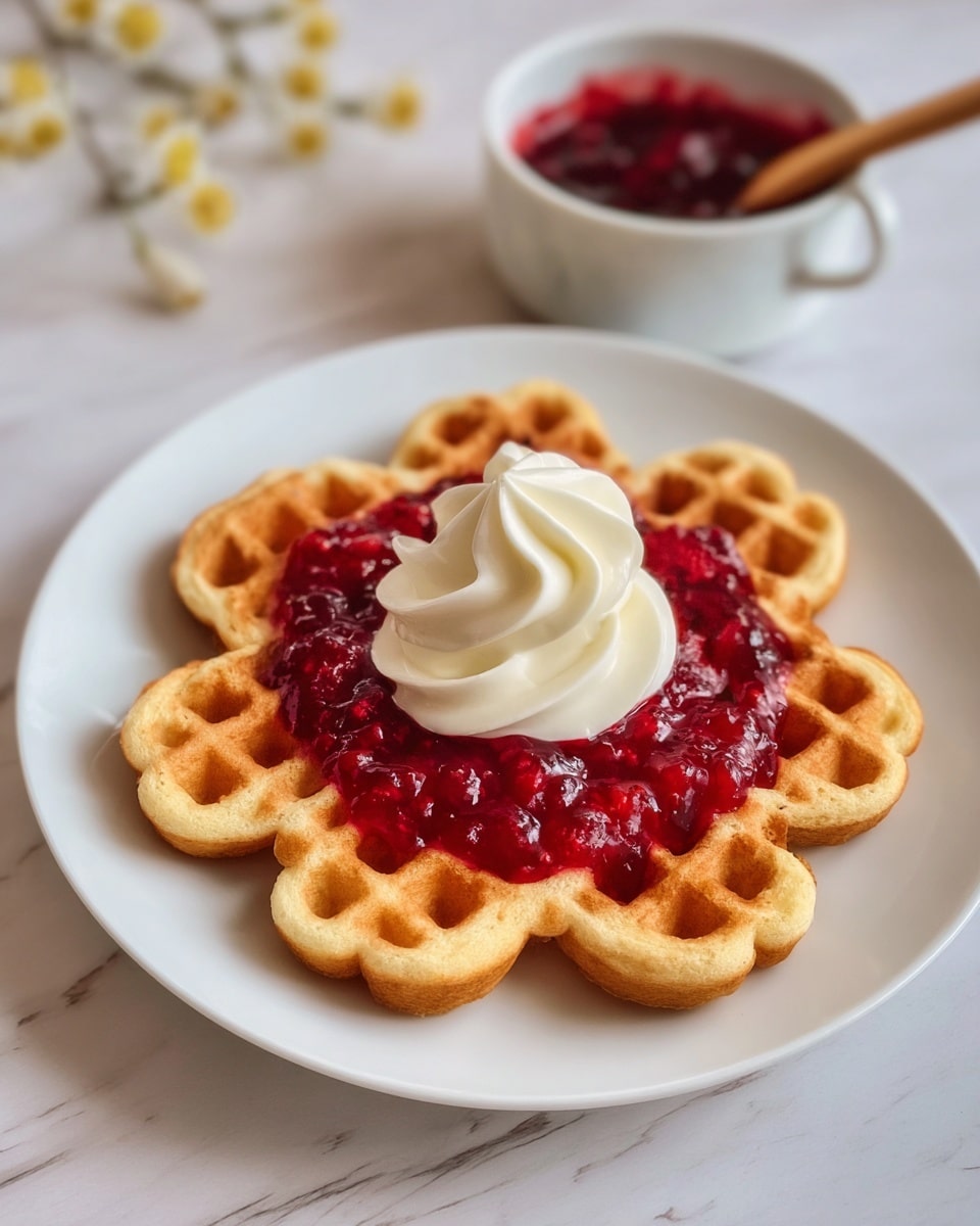 A single large waffle shaped like a flower with six rounded petals, light golden brown in color with a textured grid pattern, sits centered on a white plate. On top of the waffle, there is a thick layer of bright red berry jam spread in a round shape, with visible whole berries and a glossy look. Above the jam, a dollop of smooth, creamy white topping forms a swirl peak. The plate is placed on a white marbled surface, with a blurred out white cup containing more red jam and a wooden spoon beside it. Photo taken with an iphone --ar 4:5 --v 7