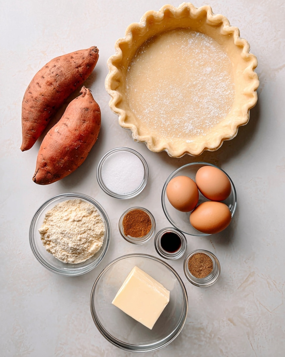 The image shows raw ingredients neatly arranged on a white marbled surface. On the top right, there is an unbaked pie crust in a round dish with a scalloped edge, light beige in color with some flour dusting on it. To the left of the crust are two orange sweet potatoes with rough skin. Below the crust and potatoes, there are small clear glass bowls holding different ingredients: two brown eggs, a pale yellow stick of butter, a cup of white sugar, a small bowl with brown sugar, and a few very small bowls containing a dark liquid (vanilla extract), two brown spices (likely cinnamon and nutmeg), and white salt. The setup looks organized and ready for baking. Photo taken with an iphone --ar 4:5 --v 7