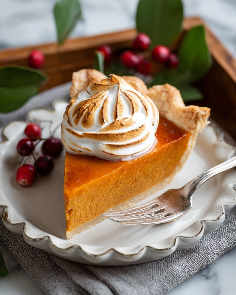 A slice of orange pumpkin pie with a light brown crust shows three layers: the bottom crust is light and flaky, the thick middle pumpkin filling is smooth and bright orange, topped with a swirl of toasted white meringue with golden brown edges, placed on a white scalloped plate. The plate sits on a grey cloth inside a wooden tray, with bright red cranberries and green leaves nearby, all on a white marbled surface. A silver fork rests on the right side of the plate. Photo taken with an iphone --ar 4:5 --v 7