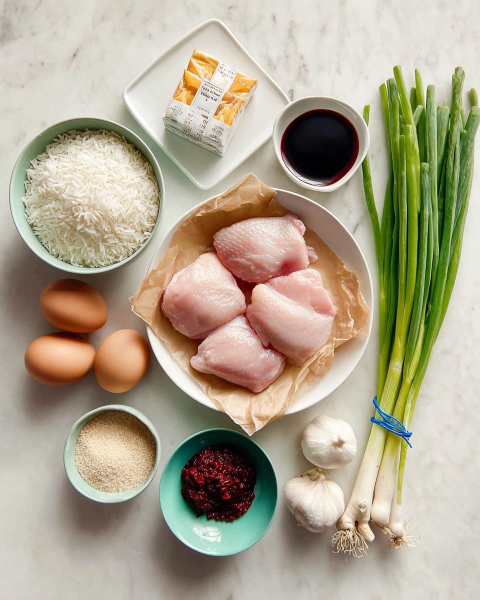 The image shows a collection of fresh cooking ingredients laid out on a white marbled surface. At the center right, there is a white bowl lined with light brown parchment paper holding four plump, raw pieces of pink chicken. To the right of the bowl is a bunch of green onions with white roots, tied together with a blue band. Above the bowl, there is a square white plate holding two small containers filled with dark soy sauce. Above the plate, there are two small wrapped bouillon cubes with orange and white packaging. To the left of the bowl, there are three brown eggs, a beige piece of fresh ginger, and four cloves of garlic. Below the chicken bowl and eggs, there is a small light green bowl filled with dark red chili paste, and next to it on the right is a small light blue bowl containing a beige powder seasoning. At the top left, there is a light green bowl filled with white raw rice grains. All the items are neatly arranged with clear colors and textures photo taken with an iphone --ar 4:5 --v 7