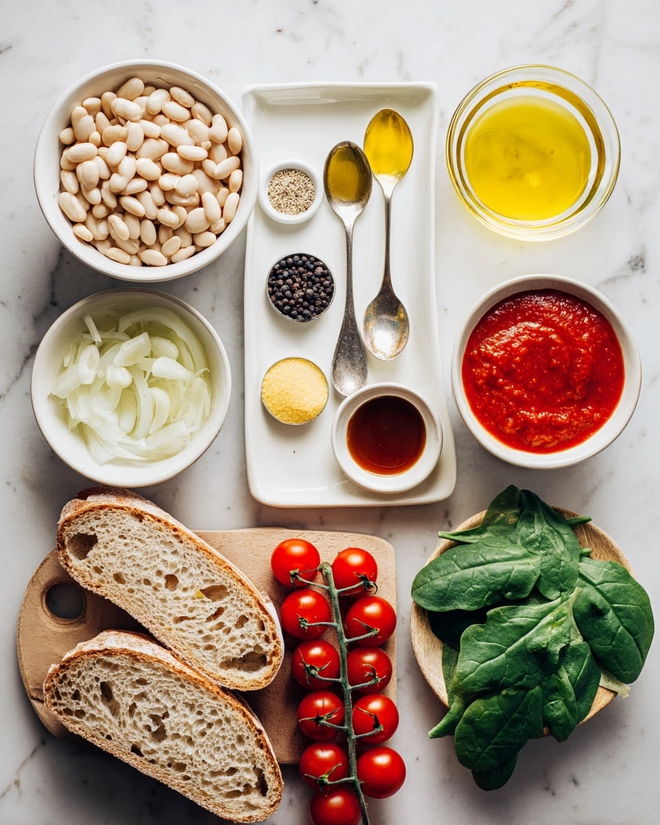 This image shows an arrangement of various fresh ingredients on a white marbled surface. From left to right, there is a bowl of white beans with a light sheen, a bowl with chopped white onions beside it, and a small bowl with golden oil. At the center, a white plate holds six spoons with different contents: bright yellow mustard, cracked black pepper, a dark thick sauce, white salt, light beige powder, and a brown liquid. To the right, a small white bowl contains smooth red tomato sauce, and near it, a clear glass has a light yellow liquid. Below these, two thick slices of brown bread with holes rest on a wooden tray. A vine of ripe red cherry tomatoes is placed vertically in the middle, and fresh green spinach leaves are visible at the bottom right corner. photo taken with an iphone --ar 4:5 --v 7