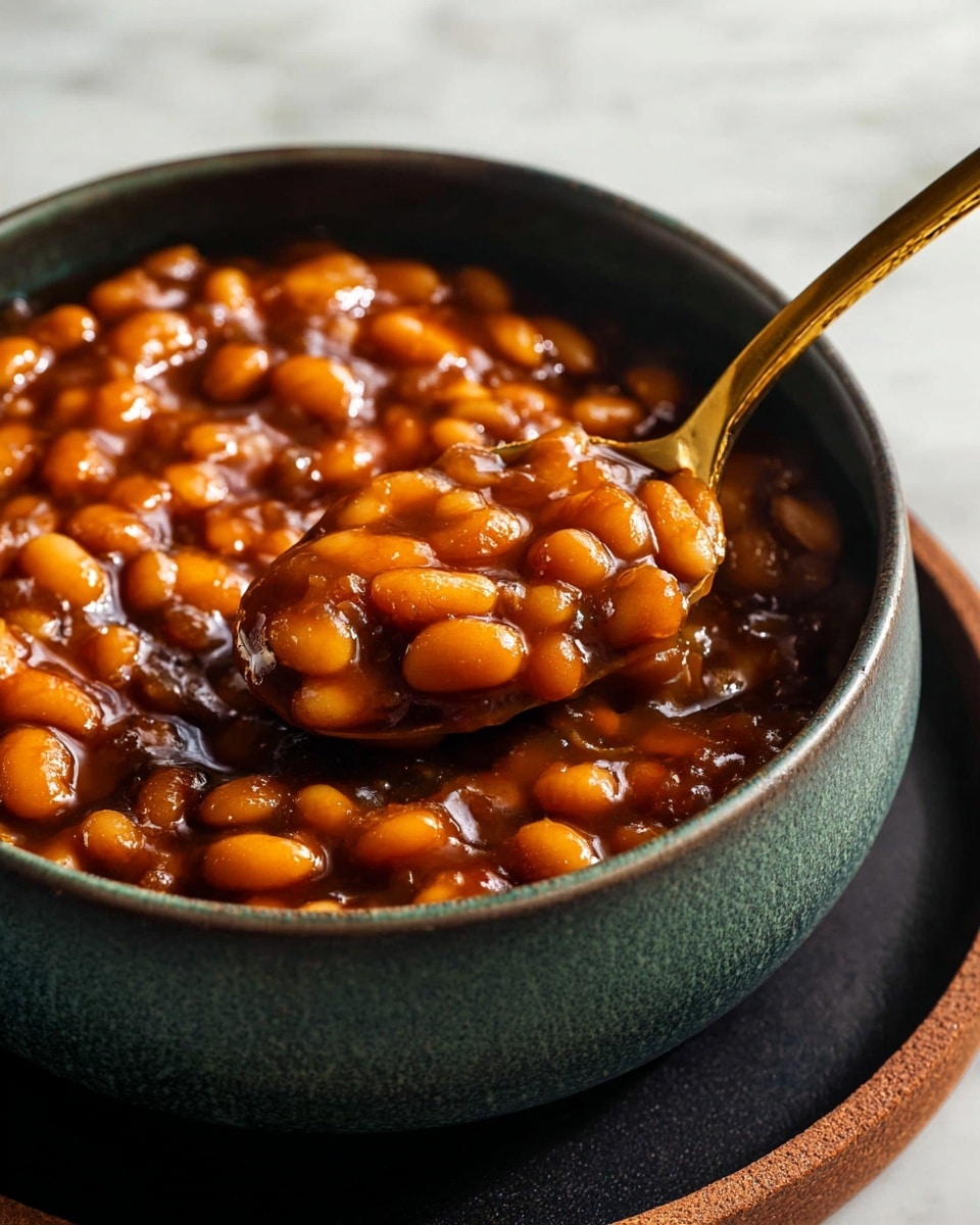 A close-up view of a single-layer of small baked beans in thick sauce, sitting inside a deep, dark green and gray bowl placed on a black dish, with a gold spoon scooping some beans, showing their shiny and soft texture, all set on a white marbled surface photo taken with an iphone --ar 4:5 --v 7