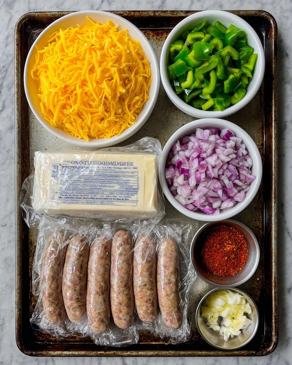 A white tray holds six ingredients arranged neatly: in the top left, a white bowl is full of bright yellow shredded cheese with a soft texture; next to it on the right, another white bowl contains small, evenly chopped green bell peppers showing a fresh, crisp look; below the cheese bowl, a wrapped block of white-wrapped cheddar cheese sits with clear blue text visible on its surface; below the block, four brown sausages are vacuum sealed in clear plastic, displaying their patterned surface; to the right of the sausages, a medium white bowl contains finely chopped red onions, with a mix of purple and white pieces; below the onion bowl, a small silver cup is stacked with bright red chili powder, smooth and finely ground; lastly, to the bottom right corner, another small silver cup holds crushed garlic with a moist, lumpy texture; all items lie on a worn, black metal tray, placed on a white marbled surface photo taken with an iphone --ar 4:5 --v 7