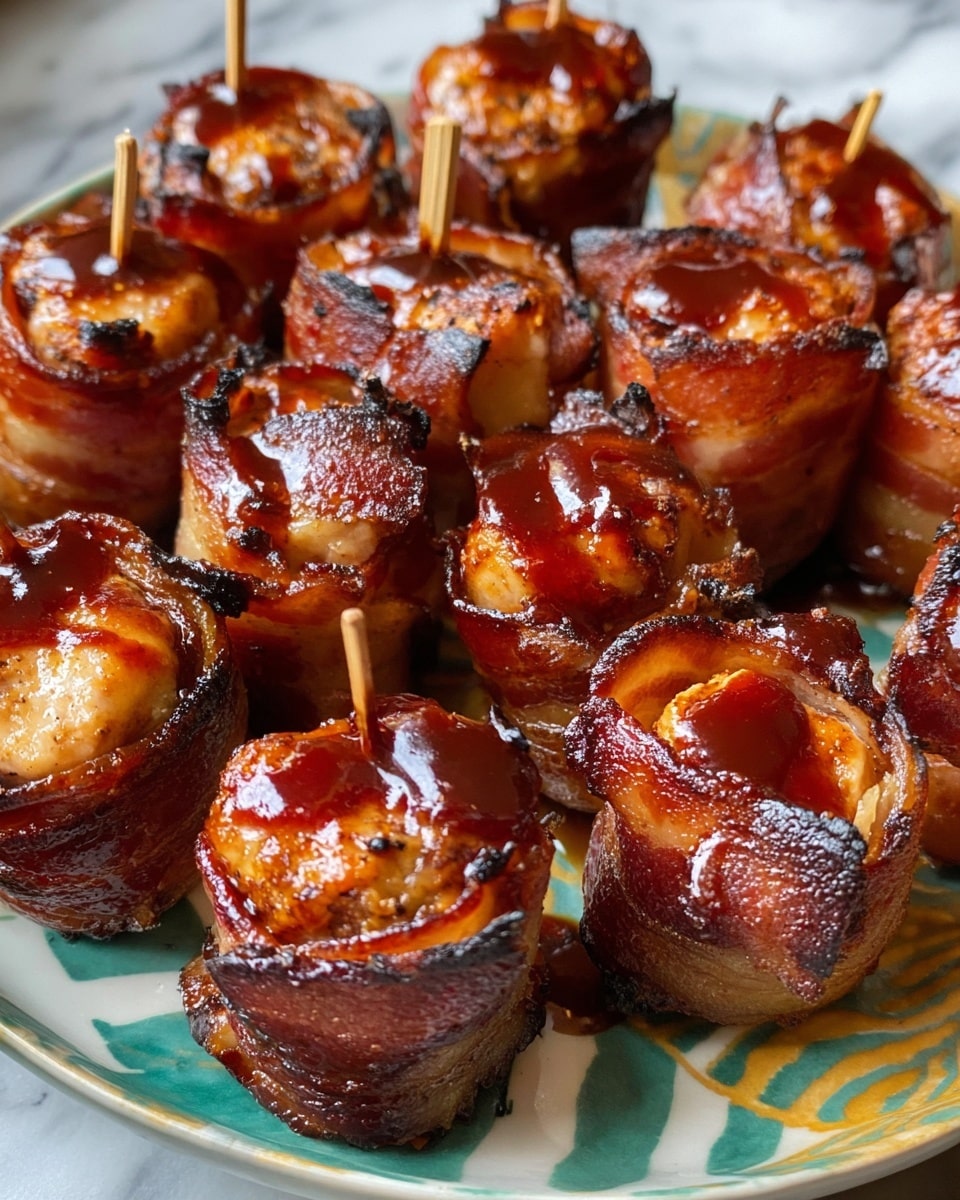 The image shows several small rolls made of crispy bacon wrapped around a golden-brown cooked filling, likely chicken. Each roll is tightly wrapped and held together with small wooden picks. The bacon is shiny and caramelized with darkened edges, creating a crispy texture. The filling inside is lightly browned with a smooth surface and is drizzled with a glossy, dark reddish-brown sauce on top. The rolls are arranged closely together on a white plate with light green and yellow patterns. The background is a white marbled texture. photo taken with an iphone --ar 4:5 --v 7