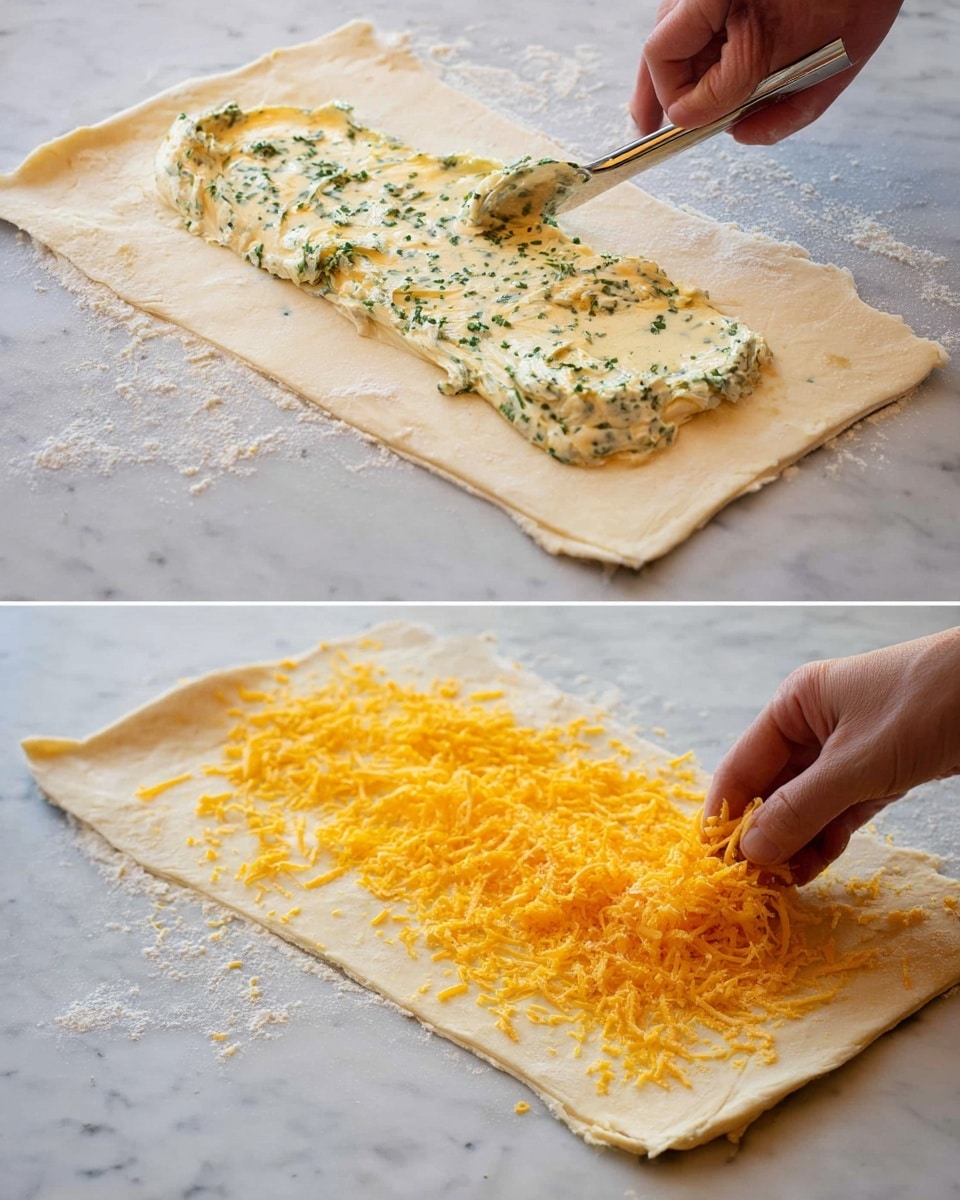 The image shows two steps of making a cheese-filled dough. In the top part, a woman’s hand with a small spatula spreads a creamy mixture with green herbs on one side of a large, thin, light beige dough sheet on a white marbled surface dusted with flour. In the bottom part, a woman’s hand sprinkles bright orange grated cheese evenly over the creamy spread, covering the middle and right side of the dough sheet, which maintains the same light beige color and is placed on the same white marbled surface. photo taken with an iphone --ar 4:5 --v 7