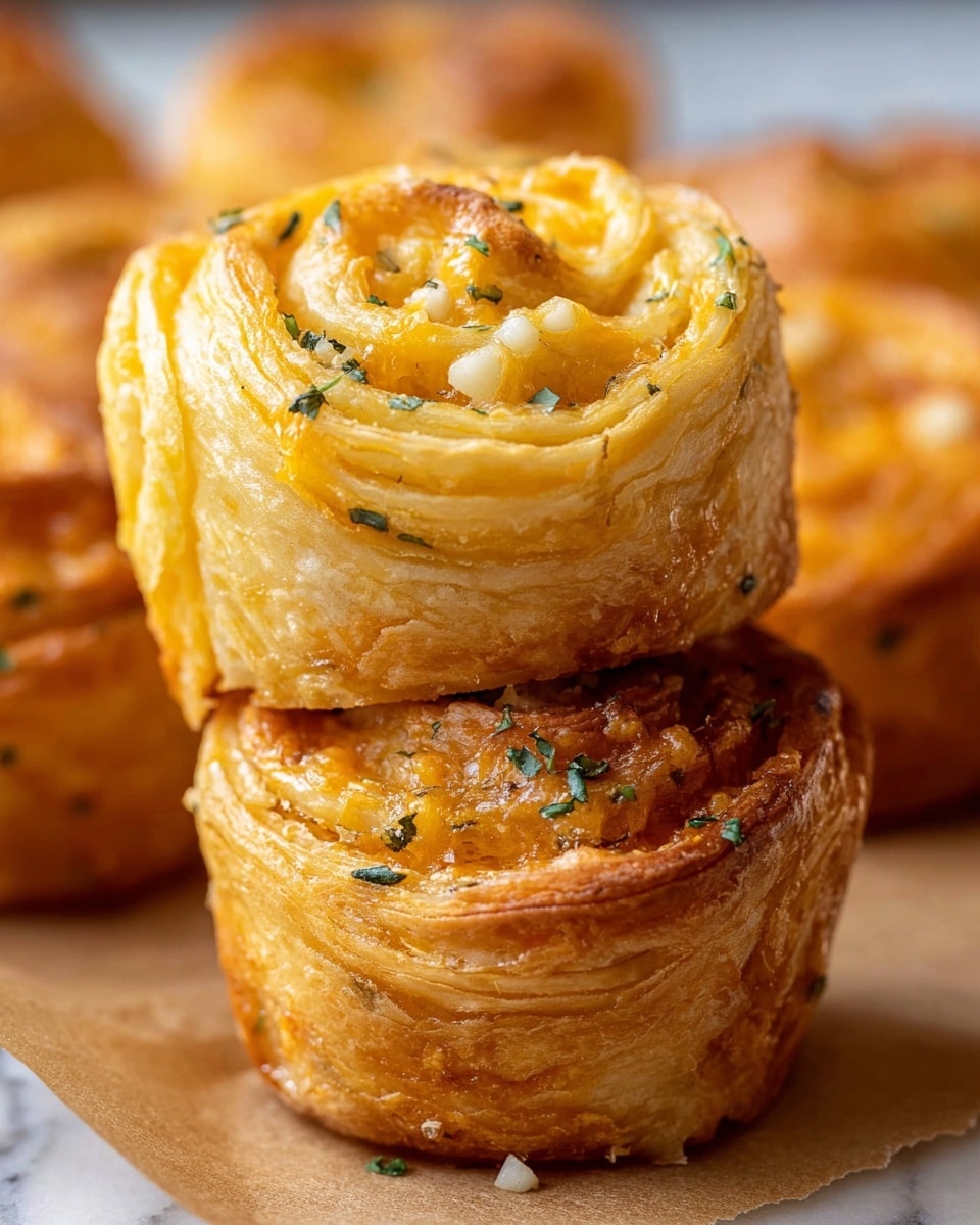 A close-up of two golden brown, layered cheesy rolls stacked on a piece of brown parchment paper on a white marbled surface. The bottom roll shows swirling, crispy layers of dough with a shiny texture, topped with small green herb pieces and white bits that look like minced garlic. The top roll is slightly tilted, revealing multiple thin, soft, and fluffy layers inside with melted yellow cheese filling each layer, showing a moist and rich texture. In the softly blurred background, more similar rolls are visible. Photo taken with an iphone --ar 4:5 --v 7