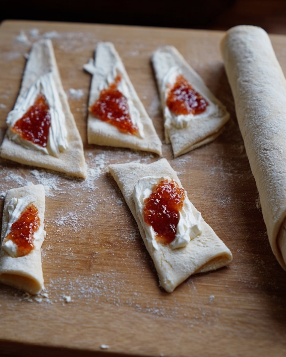 The image shows five narrow triangle dough strips laid out on a wooden board. Three of the strips have two layers of filling near the wide end: a white cream layer topped with a bright orange-red jam or preserve layer. The dough looks soft and slightly flaky. One of the strips on the right is already rolled up, showing the smooth outer dough surface. There is some uneven flour dusting on the board and slight creases in the dough. The scene has a casual, homemade feel with soft natural light. Photo taken with an iphone --ar 4:5 --v 7