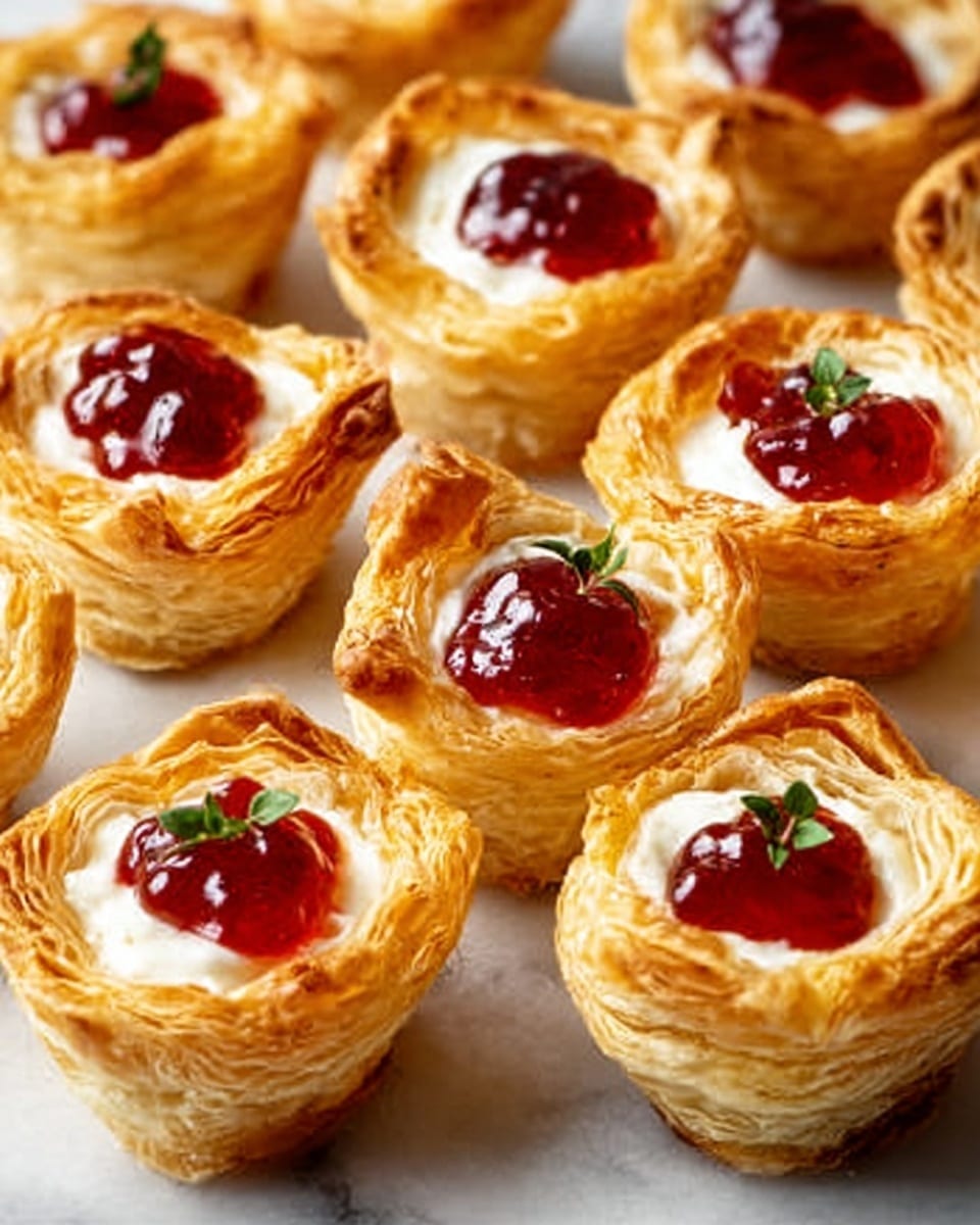 The image shows small, golden-brown puff pastry cups arranged neatly on a white marbled surface. Each cup has multiple layers of flaky, crispy pastry with a slightly uneven, crinkled top edge. Inside the center of every cup is a smooth layer of white cream topped with a dollop of bright red jelly or jam. Tiny green herb sprigs are sprinkled on top of some of the jam, adding a touch of color contrast. The lighting highlights the shiny texture of the jelly and the delicate flakiness of the pastry. photo taken with an iphone --ar 4:5 --v 7